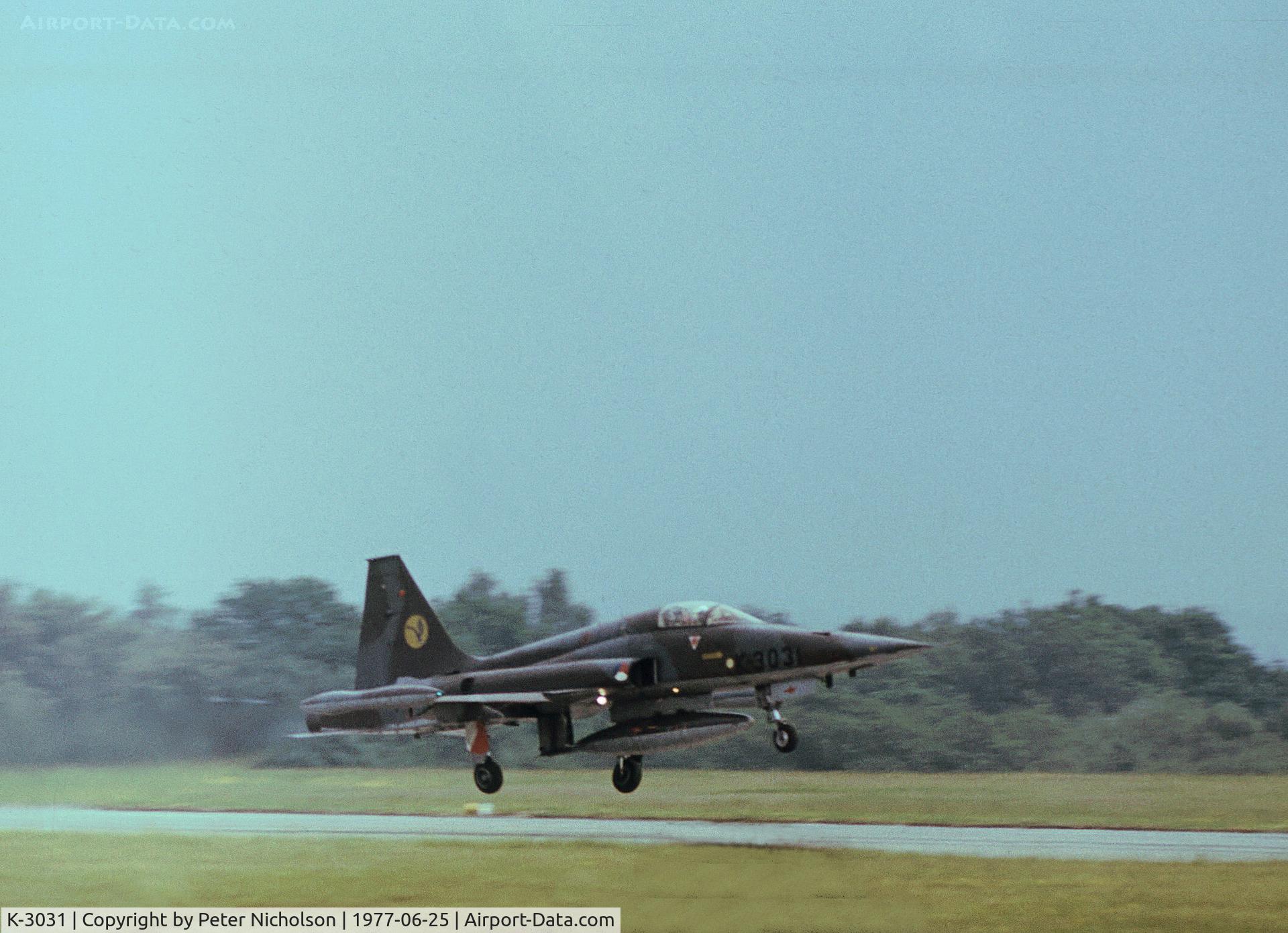 K-3031, 1970 Canadair NF-5A Freedom Fighter C/N 3031, NF-5A Freedom Fighter of 316 Squadron Royal Netherlands Air Force in action at the 1977 International Air Tattoo at RAF Greenham Common.