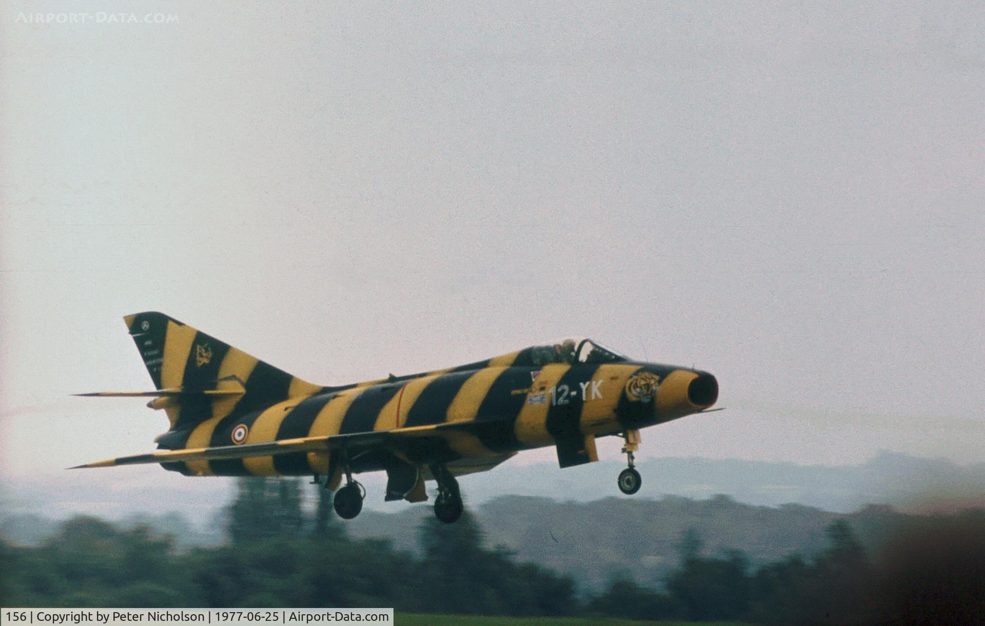 156, Dassault Super Mystere B.2 C/N 156, French Air Force Super Mystere B.2 of EC.12 taking off at the 1977 International Air Tattoo at RAF Greenham Common.