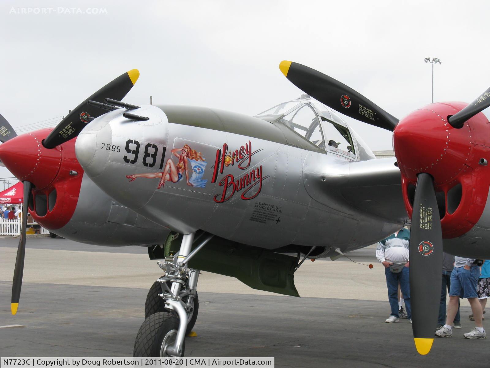 N7723C, 1944 Lockheed P-38L-5 Lightning C/N 7985, 1944 Lockheed P-38L LIGHTNING 'Honey Bunny', two Allison V-1710-111/113 counter-rotating 1,475 Hp each. Combat rating 1,600 Hp each at 26,500'. Limited class. Nose art.