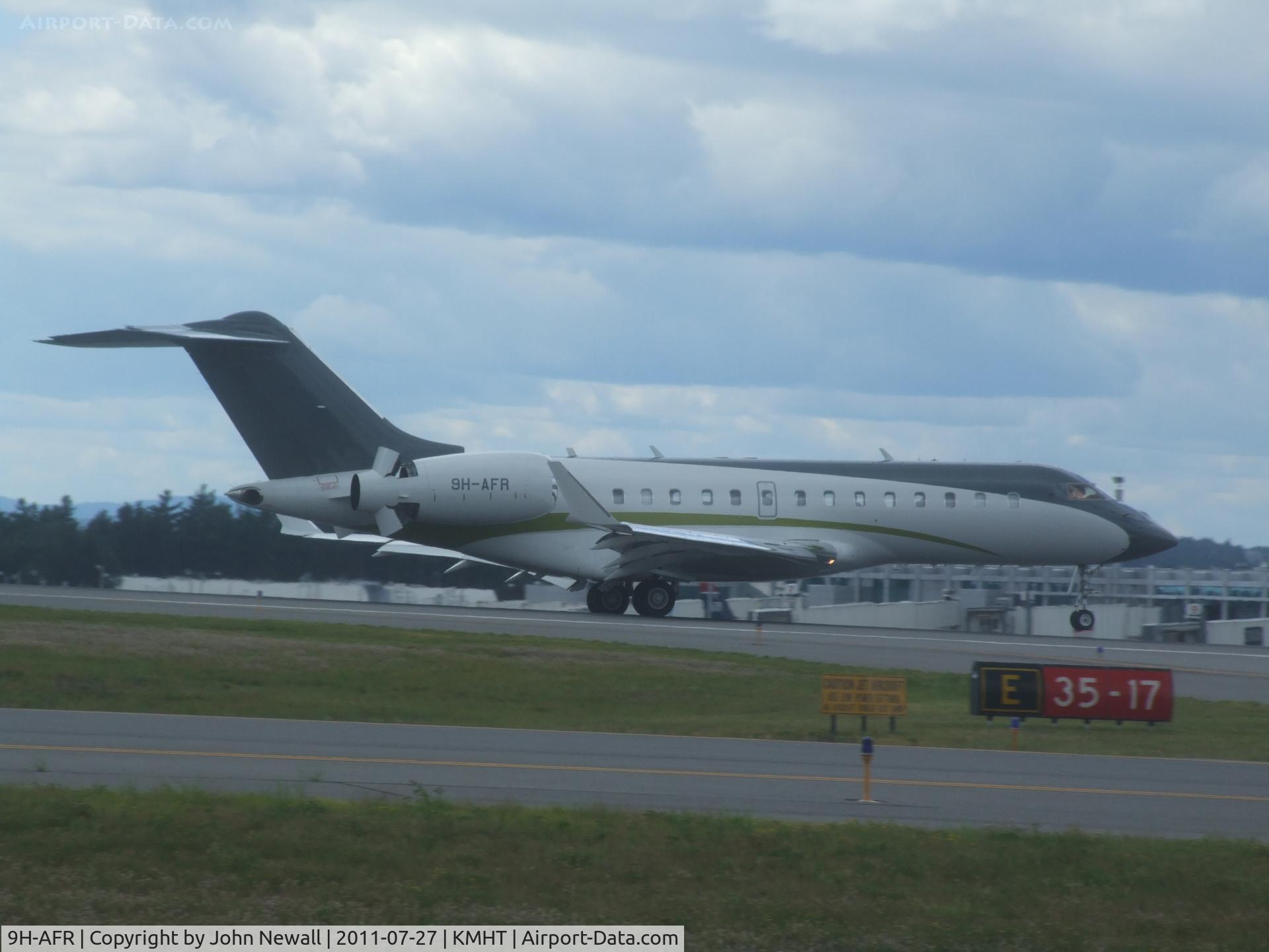 9H-AFR, 2007 Bombardier BD-700-1A11 Global Express C/N 9249, landing runway 35. About the only time you'll see an airplane registered in Malta at my little airport.