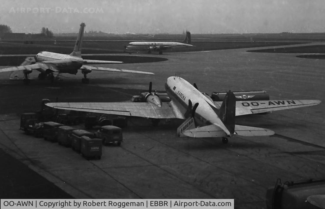 OO-AWN, Douglas C-47A Skytrain (DC-3) C/N 12767, Late 1950's.Tu-104A Aeroflot and DC-7C Sabena in background.