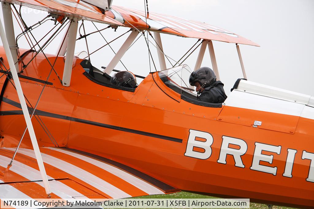 N74189, 1941 Boeing PT-17/R985 Kaydet (A75N1) C/N 75-717, Stearman PT-17 Kaydet during a refuelling stop at Fishburn Airfield, July 2011.