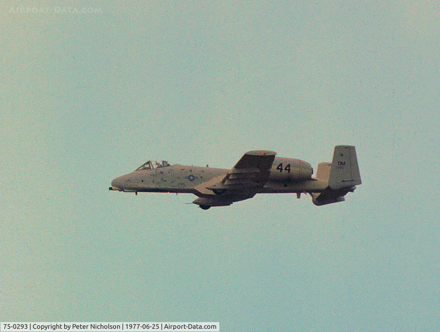 75-0293, 1975 Fairchild Republic A-10A Thunderbolt II C/N A10-0042, A-10A Thunderbolt of Davis-Monthan's 355th Tactical Fighter Wing on display at the 1977 International Air Tattoo at RAF Greenham Common and still wearing 1977 Paris Air Salon number 44.