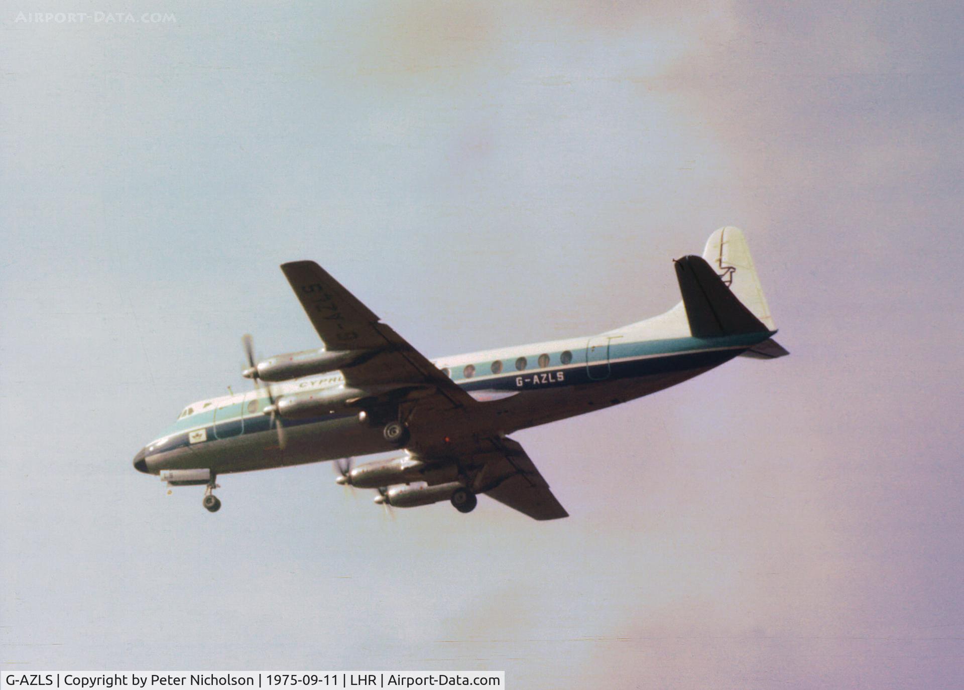 G-AZLS, 1958 Vickers Viscount 813 C/N 348, Viscount 813 of British Midland Airways on lease to Cyprus Airways on final approach to Heathrow in September 1975.