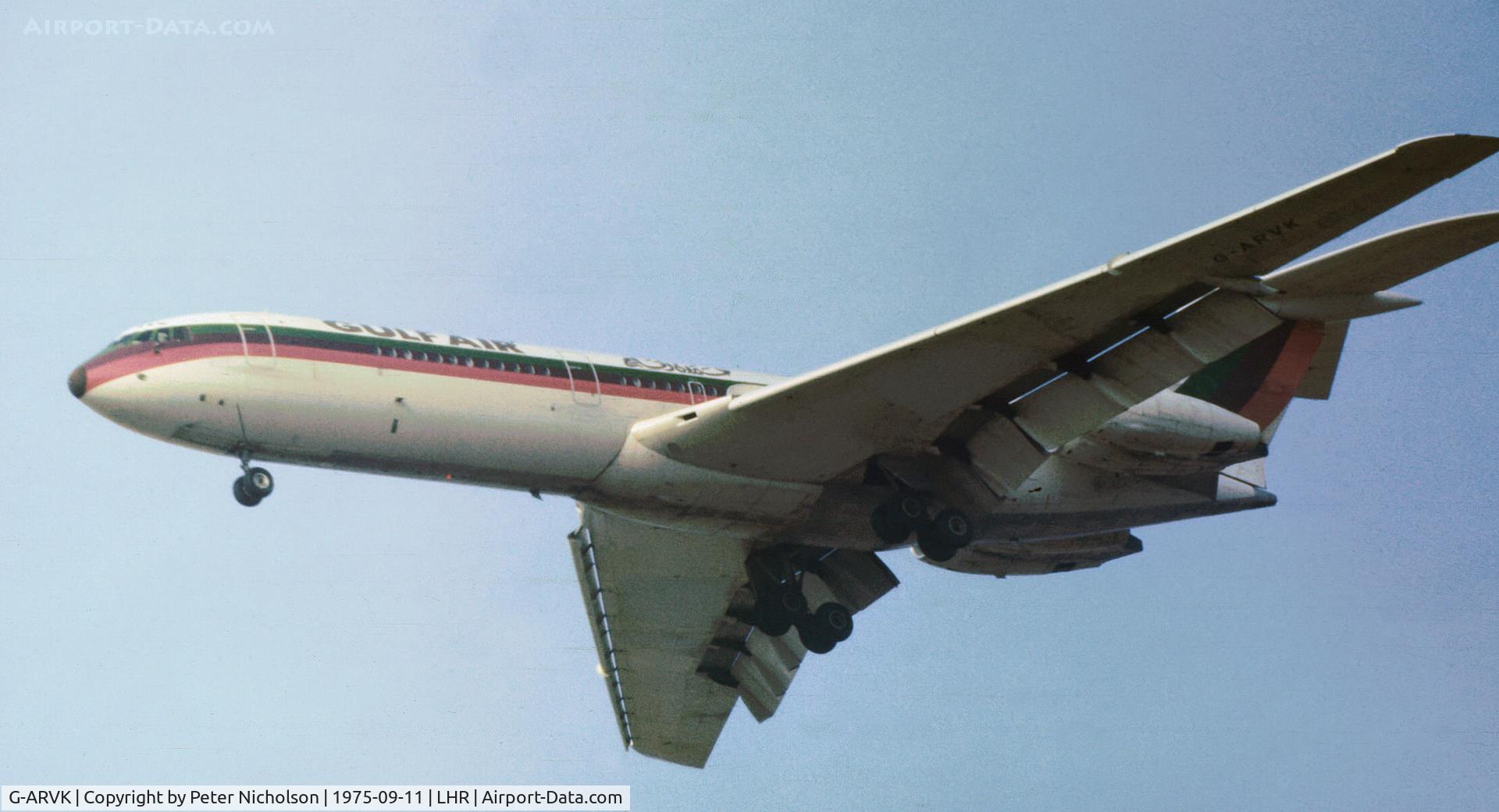 G-ARVK, 1964 Vickers VC10 Srs 1101 C/N 813, Gulf Air VC.10 on final approach to Heathrow in September 1975.