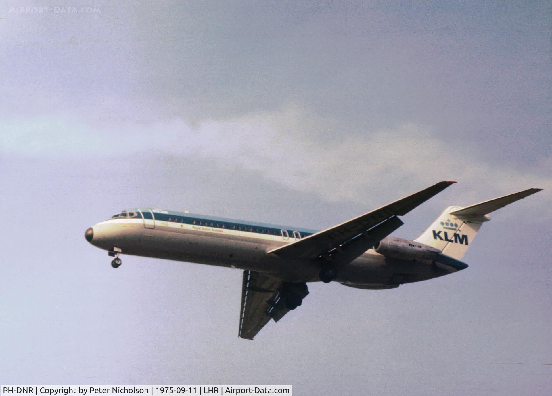 PH-DNR, 1968 Douglas DC-9-33RC C/N 47279, DC-9-33 named Stockholm of KLM Royal Dutch Airlines on final approach to Heathrow in September 1975.