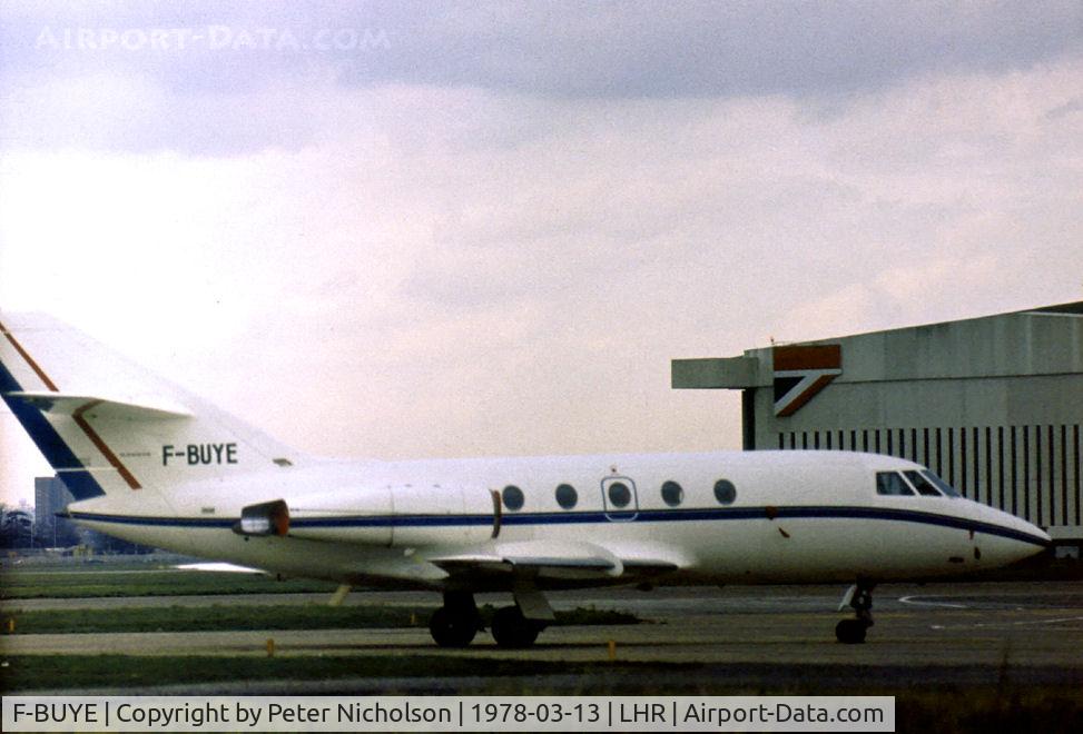 F-BUYE, 1973 Dassault Falcon (Mystere) 20E C/N 288, Falcon 20E of Europe Falcon Service visiting Heathrow in the Spring of 1978.