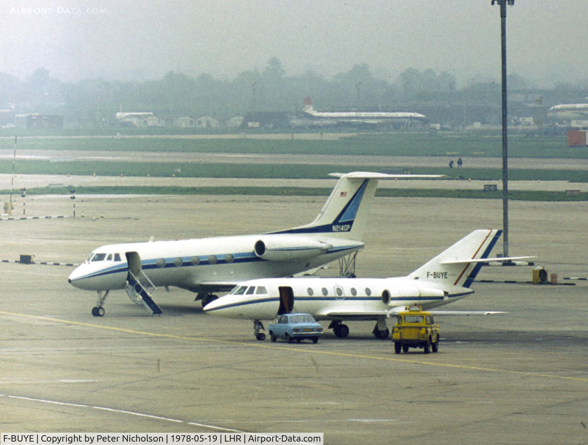 F-BUYE, 1973 Dassault Falcon (Mystere) 20E C/N 288, Europe Falcon Service Falcon 20E visiting Heathrow in May 1978.