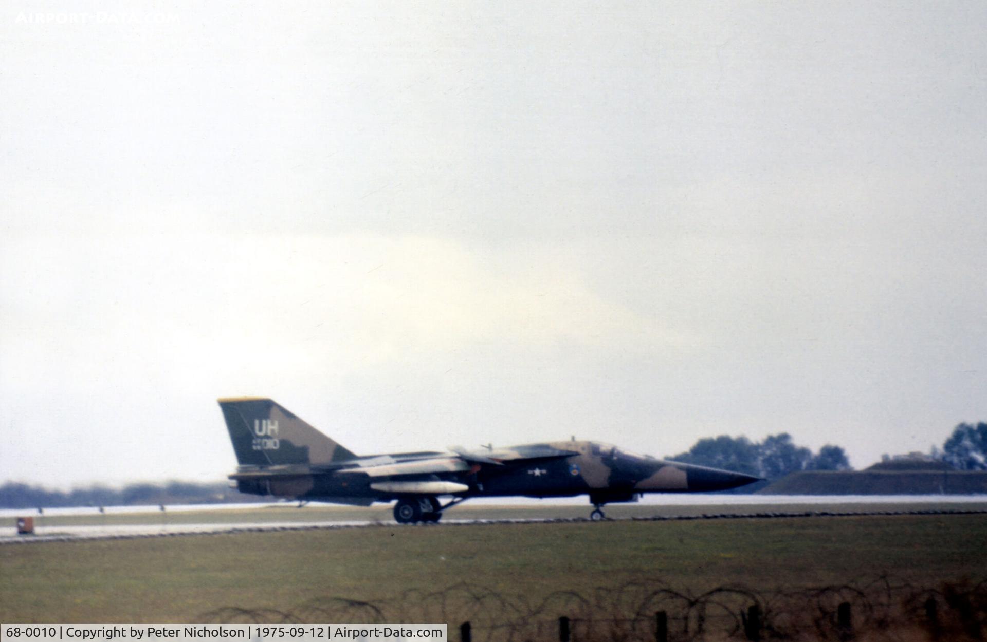 68-0010, 1968 General Dynamics F-111E Aardvark C/N A1-179, F-111E of 55th Tactical Fighter Squadron/20th Tactical Fighter Wing taxying at RAF Upper Heyford in September 1975.