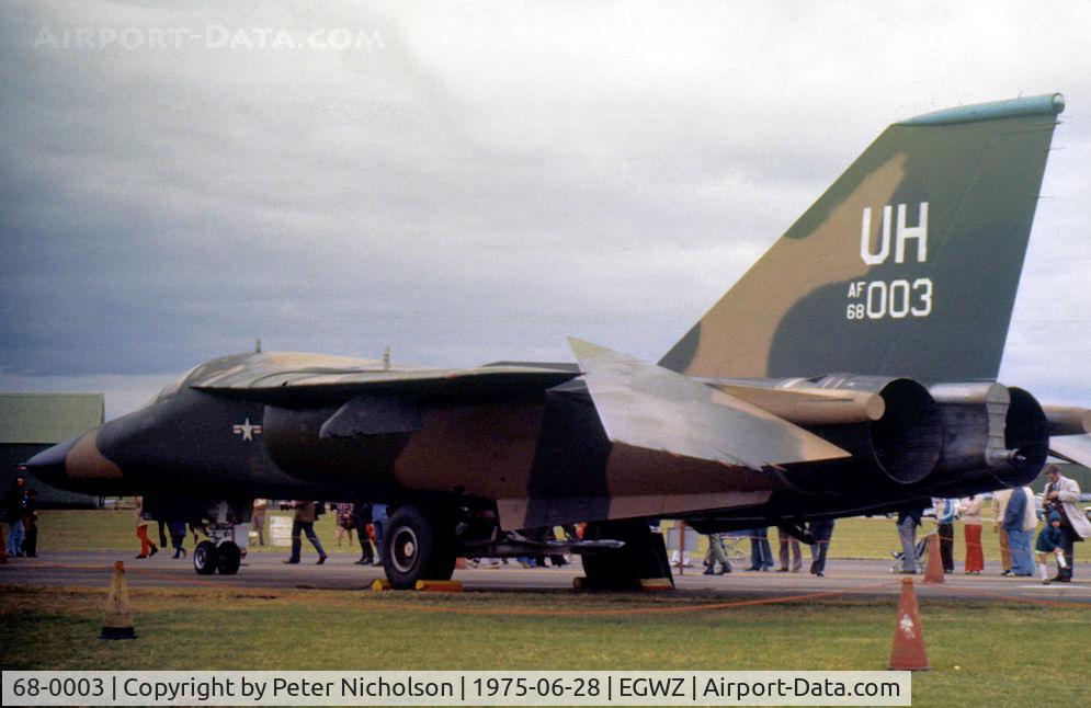 68-0003, 1968 General Dynamics F-111E Aardvark C/N A1-172, F-111E of 55th Tactical Fighter Squadron/20th Tactical Fighter Wing on display at the 1975 RAF Alconbury Airshow.