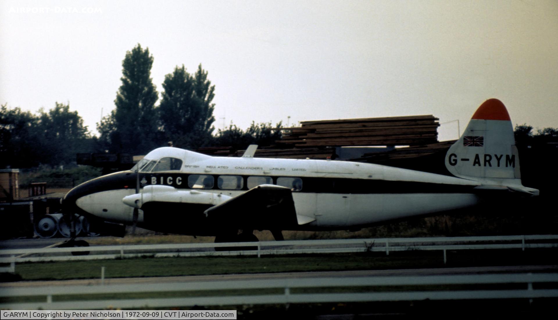 G-ARYM, 1962 De Havilland DH-104 Dove 8 C/N 04529, Dove 8 of British Insulated Callander Cables as seen at Coventry in September 1972.