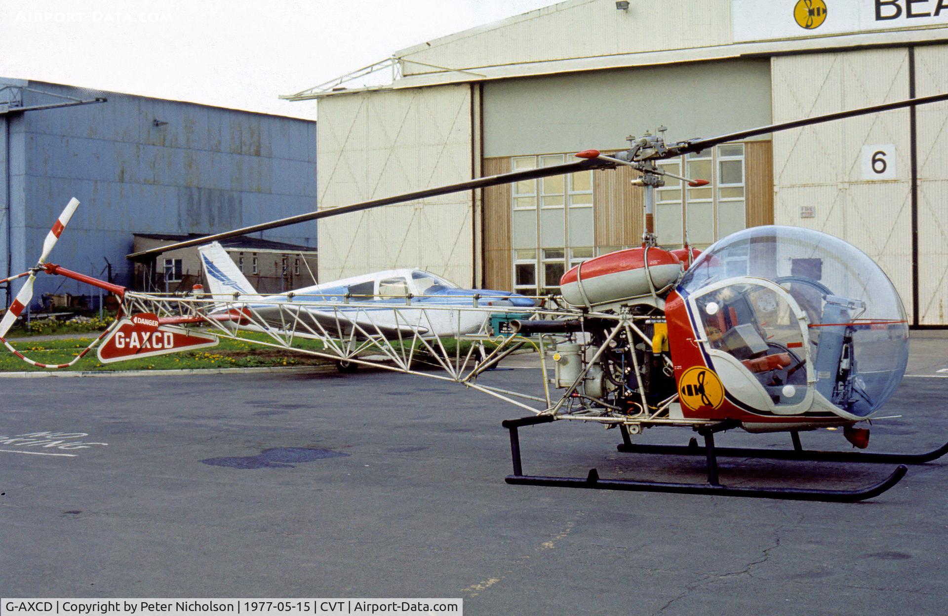 G-AXCD, 1957 Agusta AB-47G-2 C/N 220, Another view of this Bell 47G-2 of British Executive Air Services based at Coventry in May 1977.