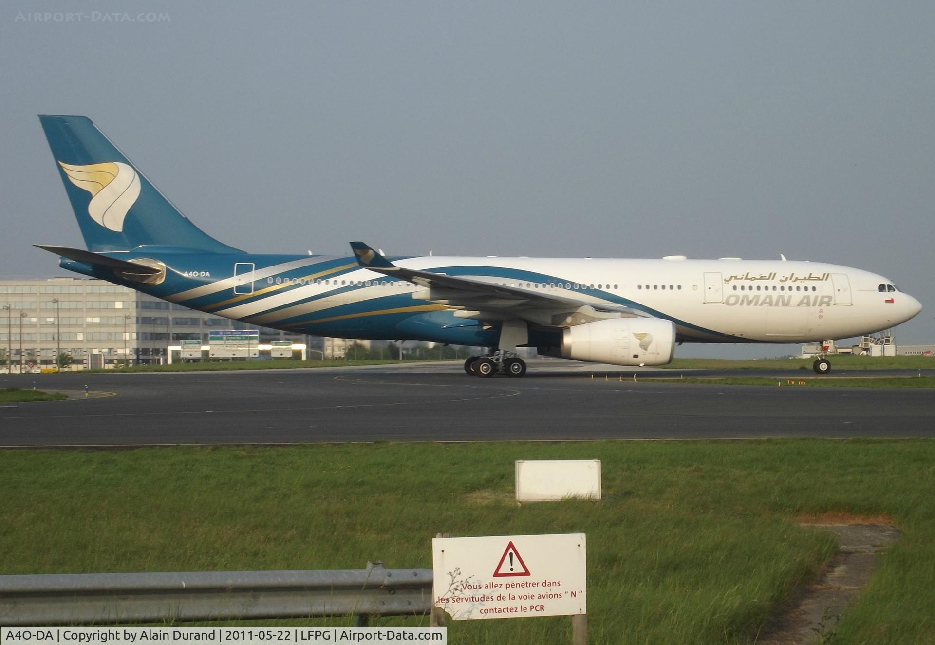 A4O-DA, 2009 Airbus A330-243 C/N 1038, Ferried TLS-MCT on 2009-09-15. Config calls for accomodating 20 guests in Business Class and 196 in Economy.