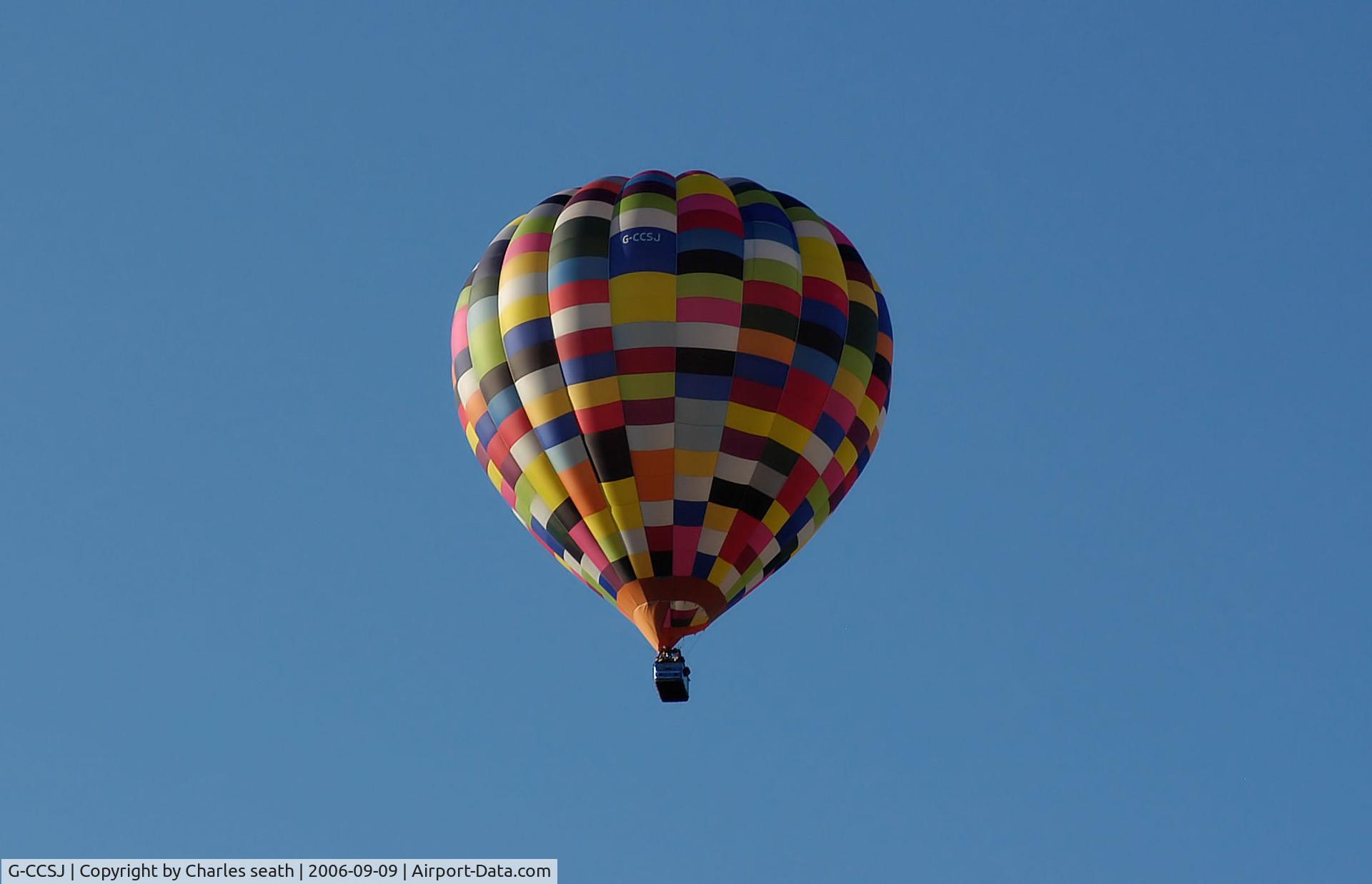 G-CCSJ, 2004 Cameron Balloons A-275 C/N 10510, shot 9/9/06 above Bakewell
