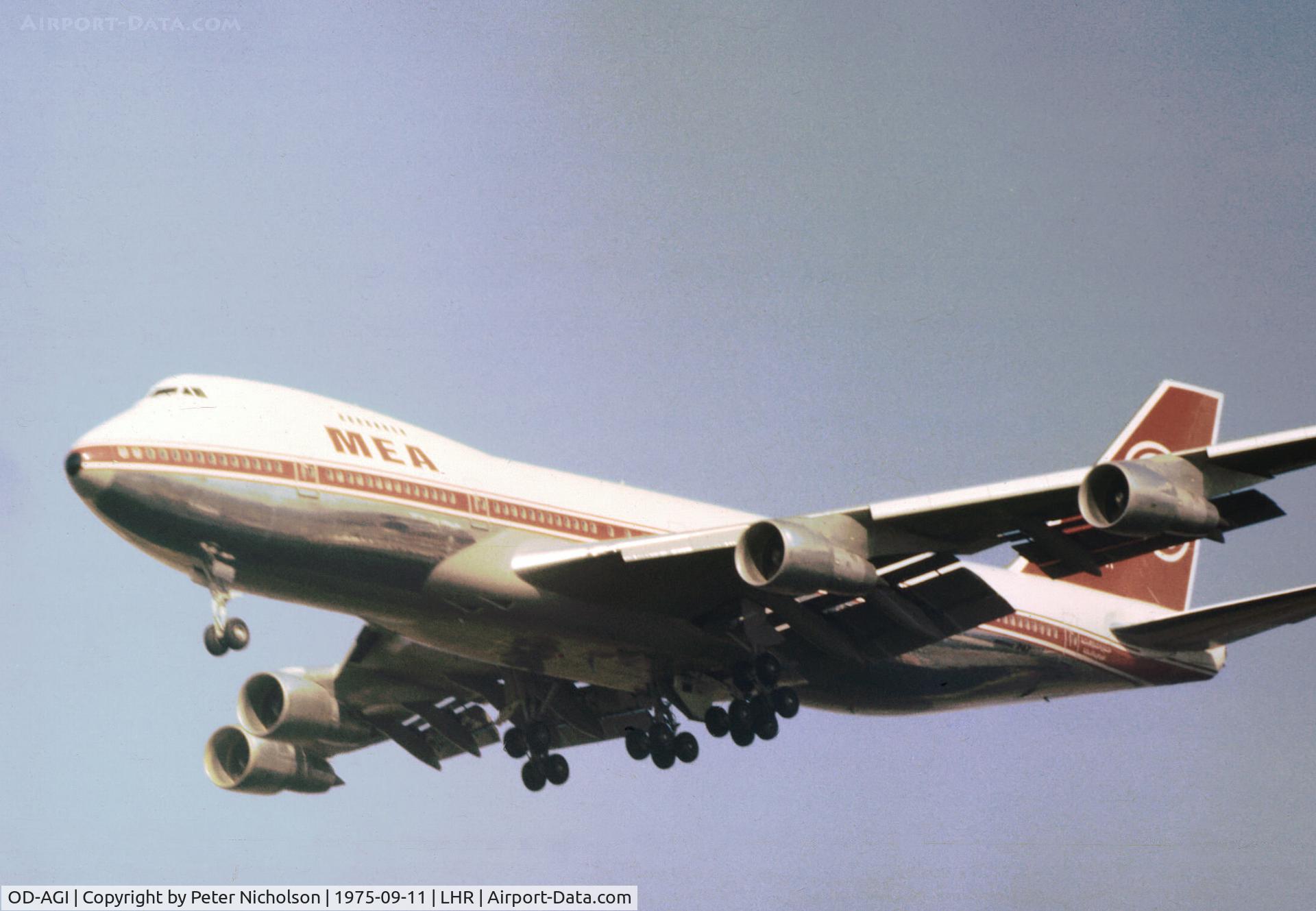 OD-AGI, 1975 Boeing 747-2B4B C/N 21098, Boeing 747-2B4B of Middle East Airlines on final approach to Heathrow in September 1975.