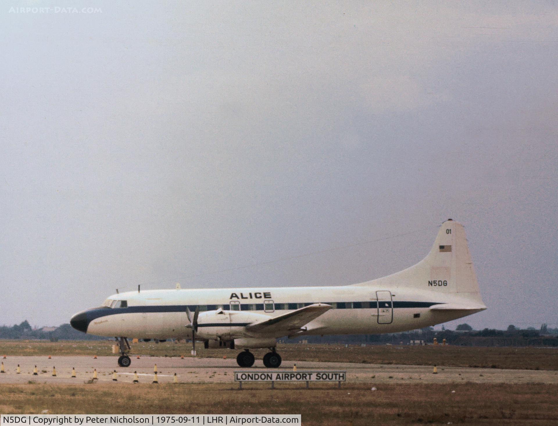 N5DG, 1954 Convair 440 Metropolitan C/N 148, Former German Air Force Convair 340 visiting Heathrow in September 1975.