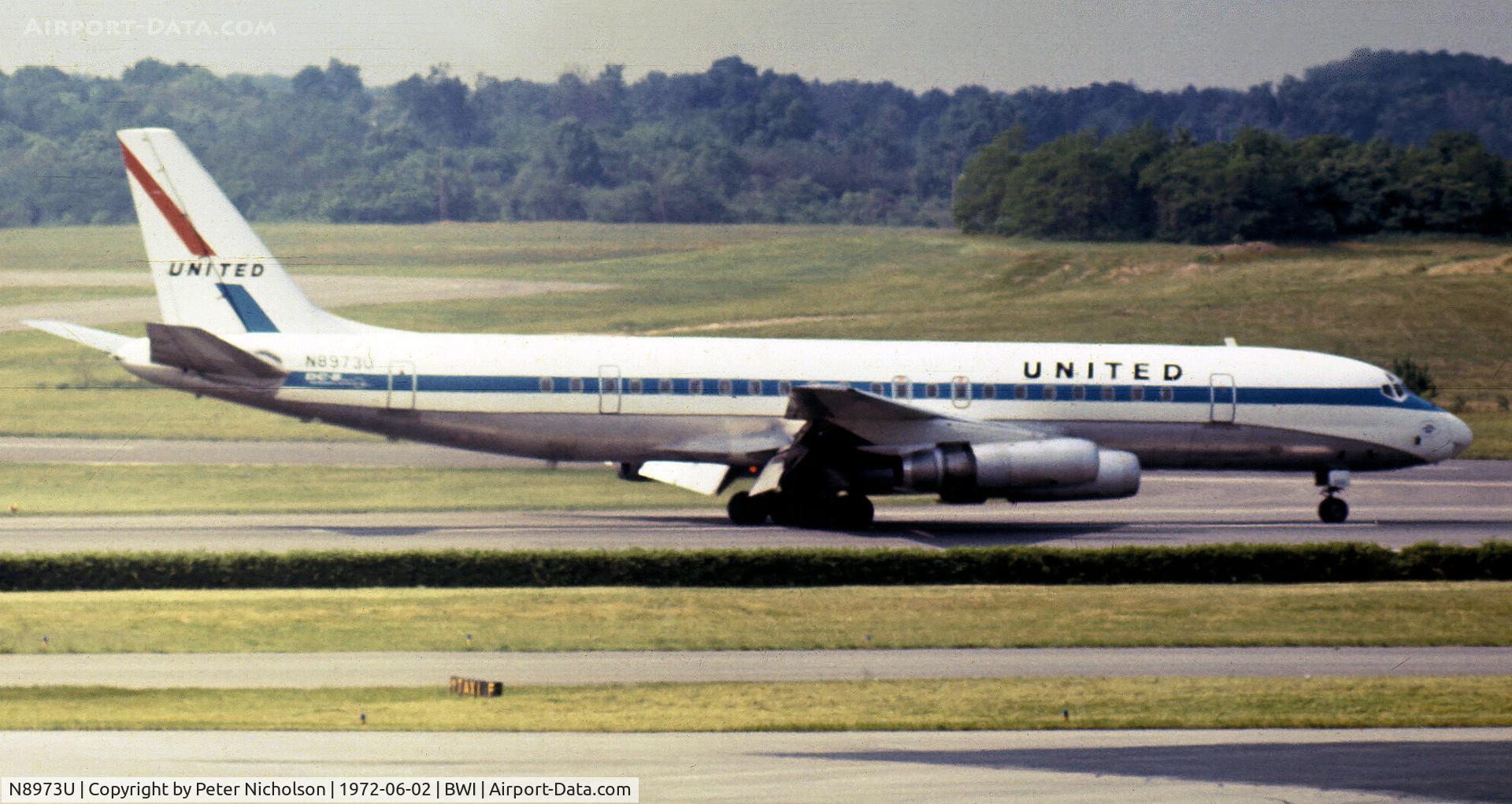N8973U, 1969 Douglas DC-8-62 C/N 46085, United Airlines DC-8-62 taxying at Friendship Airport in the Summer of 1972.