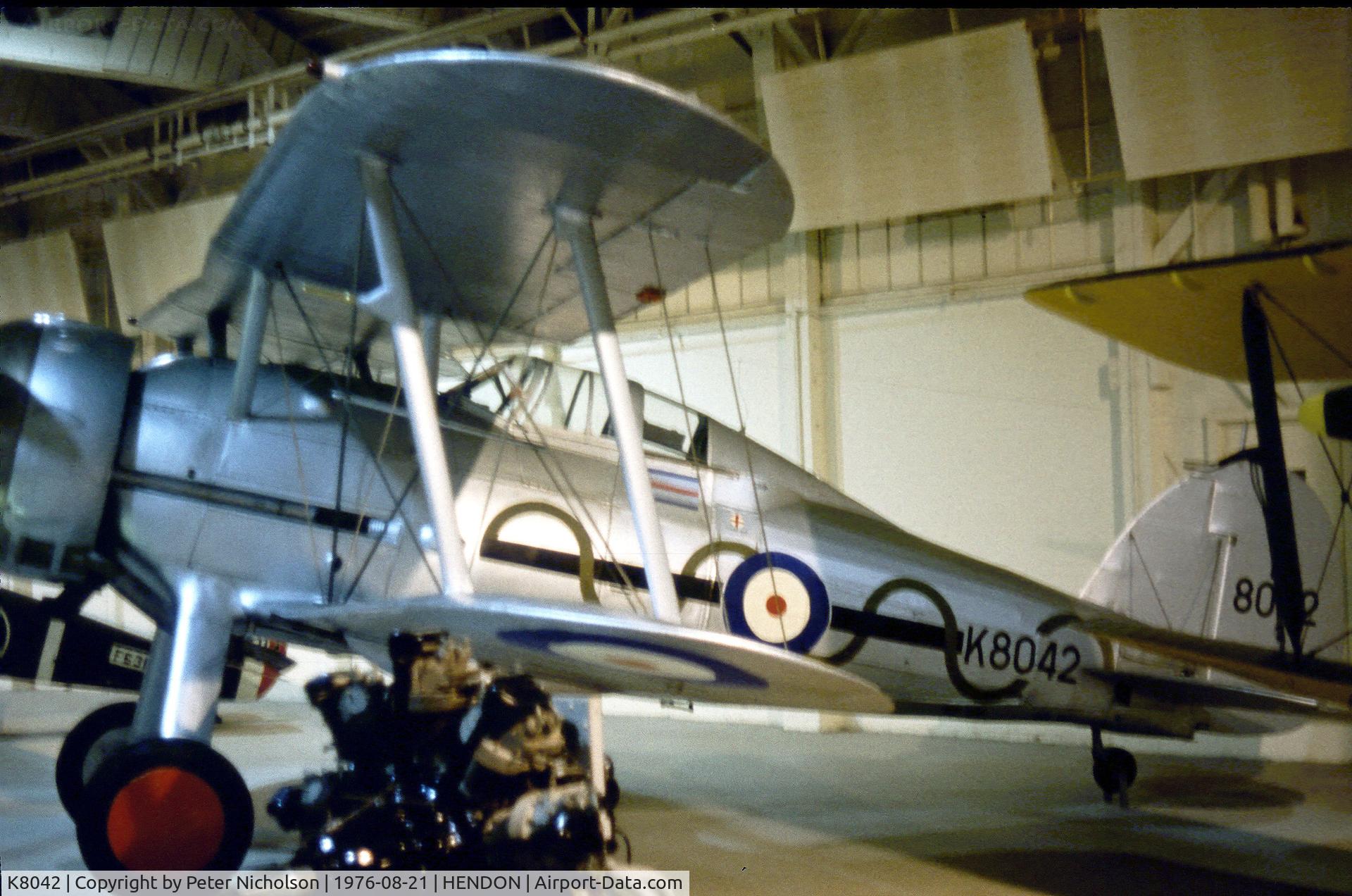 K8042, Gloster Gladiator Mk1 C/N Not found K8042, Gladiator II with RAF Maintenance serial 8372M of the Royal Air Force Museum Hendon as displayed in the Summer of 1976.