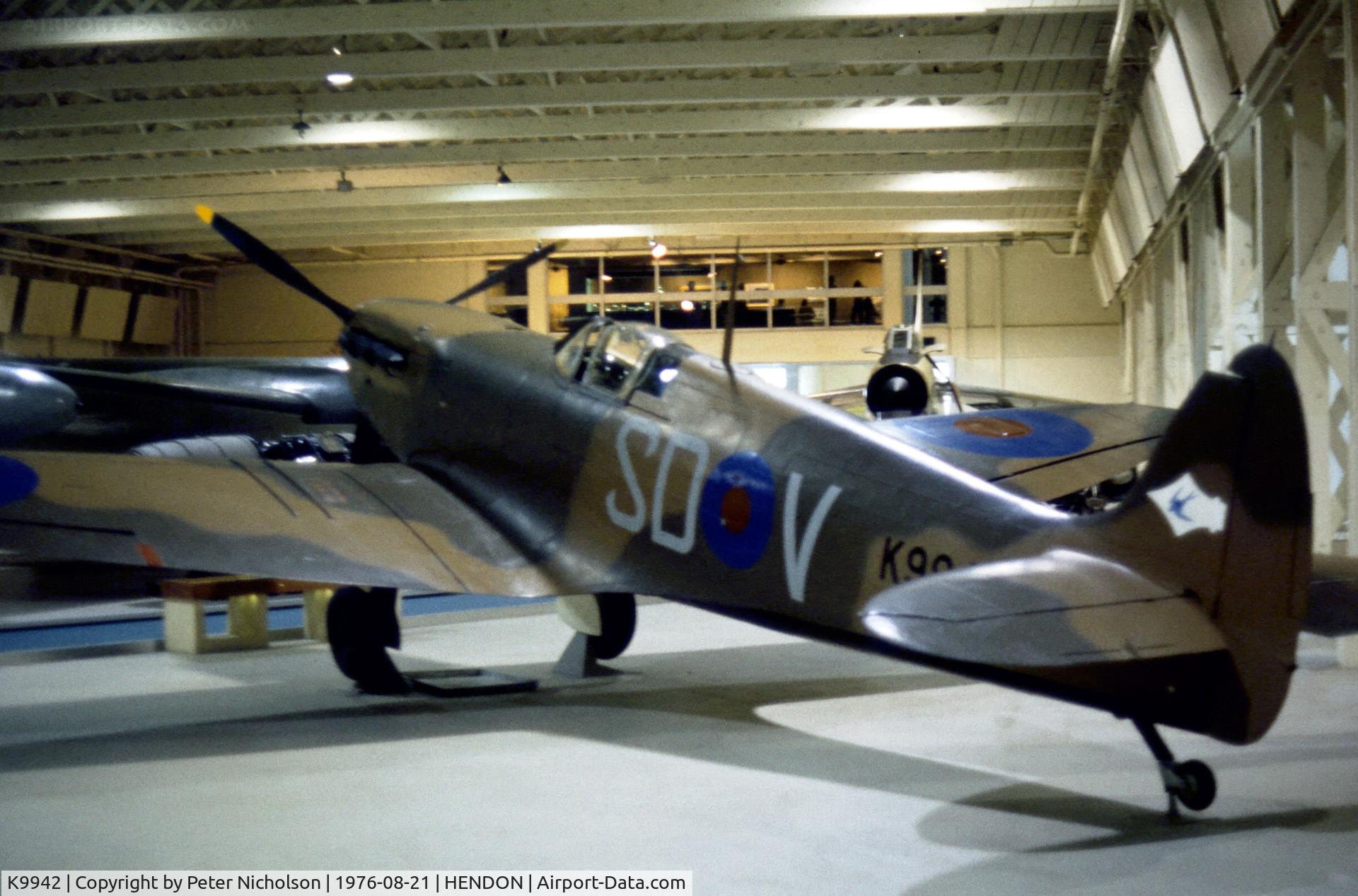 K9942, 1939 Supermarine Spitfire Mk IA C/N 6S/30225, Another view of the Royal Air Force Museum Hendon's Spitfire IA as seen in the Summer of 1976.