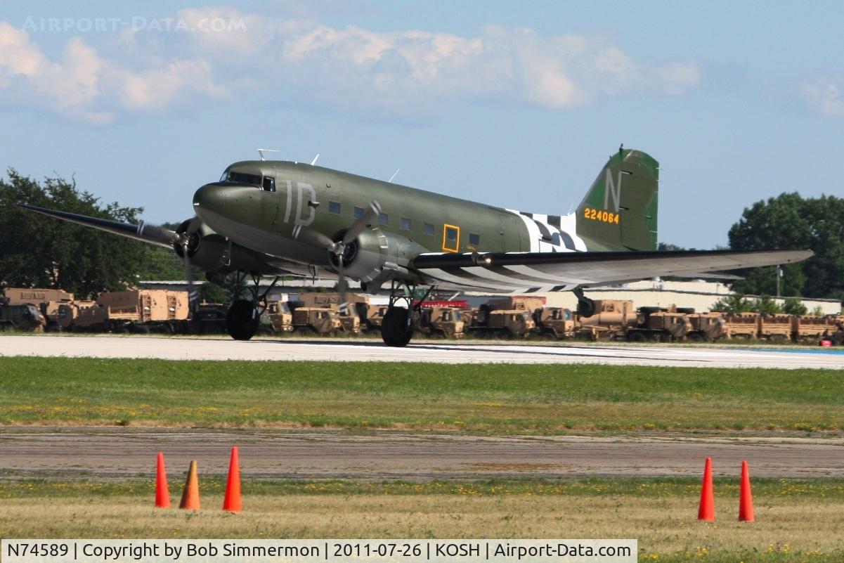 N74589, 1943 Douglas DC3C-S1C3G (C-47A) C/N 9926, Landing RWY 36 during Airventure 2011.