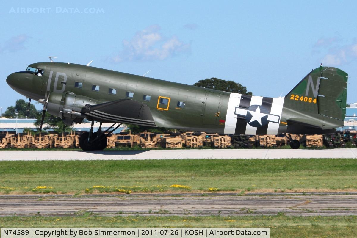 N74589, 1943 Douglas DC3C-S1C3G (C-47A) C/N 9926, Landing RWY 36 during Airventure 2011.