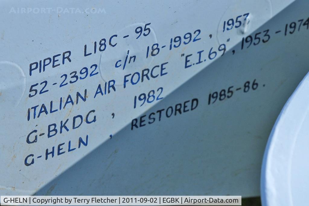G-HELN, 1958 Piper L-21B Super Cub (PA-18-135) C/N 18-3400, Nice touch - aircraft history painted on the aircraft -although the construction number quoted on the aircraft is at variance with most sources including the official UK register !!