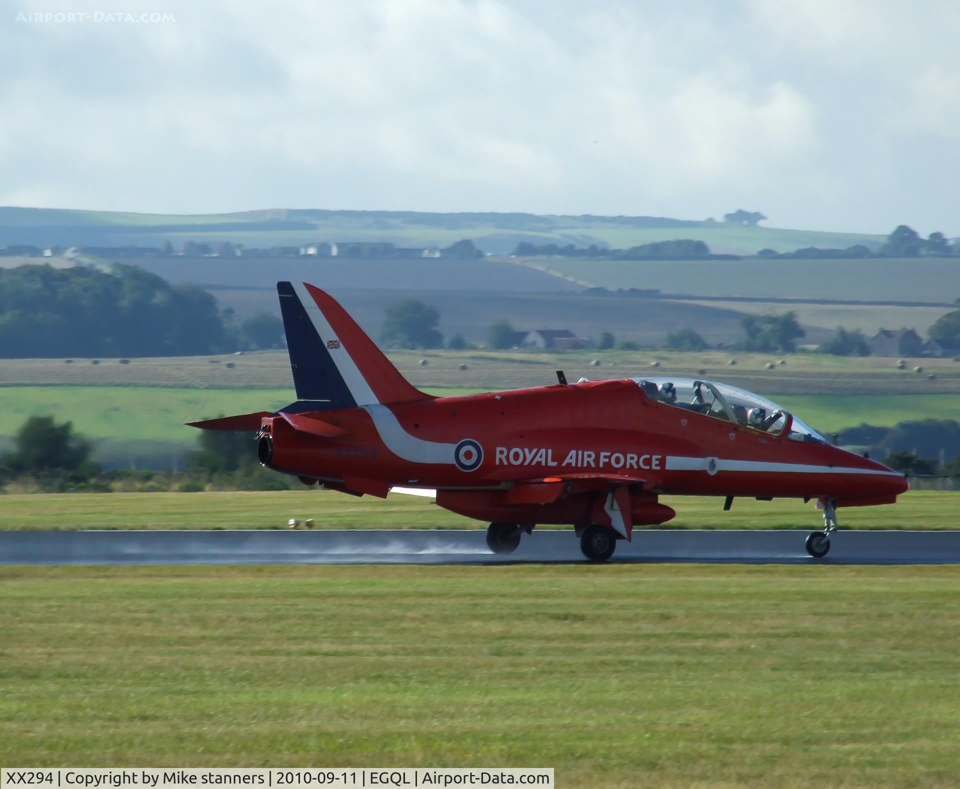 XX294, 1979 Hawker Siddeley Hawk T.1 C/N 122/312119, Red arrows hawk arrives at Leuchars airshow 2010 leaving trail of water spray from the wet runway