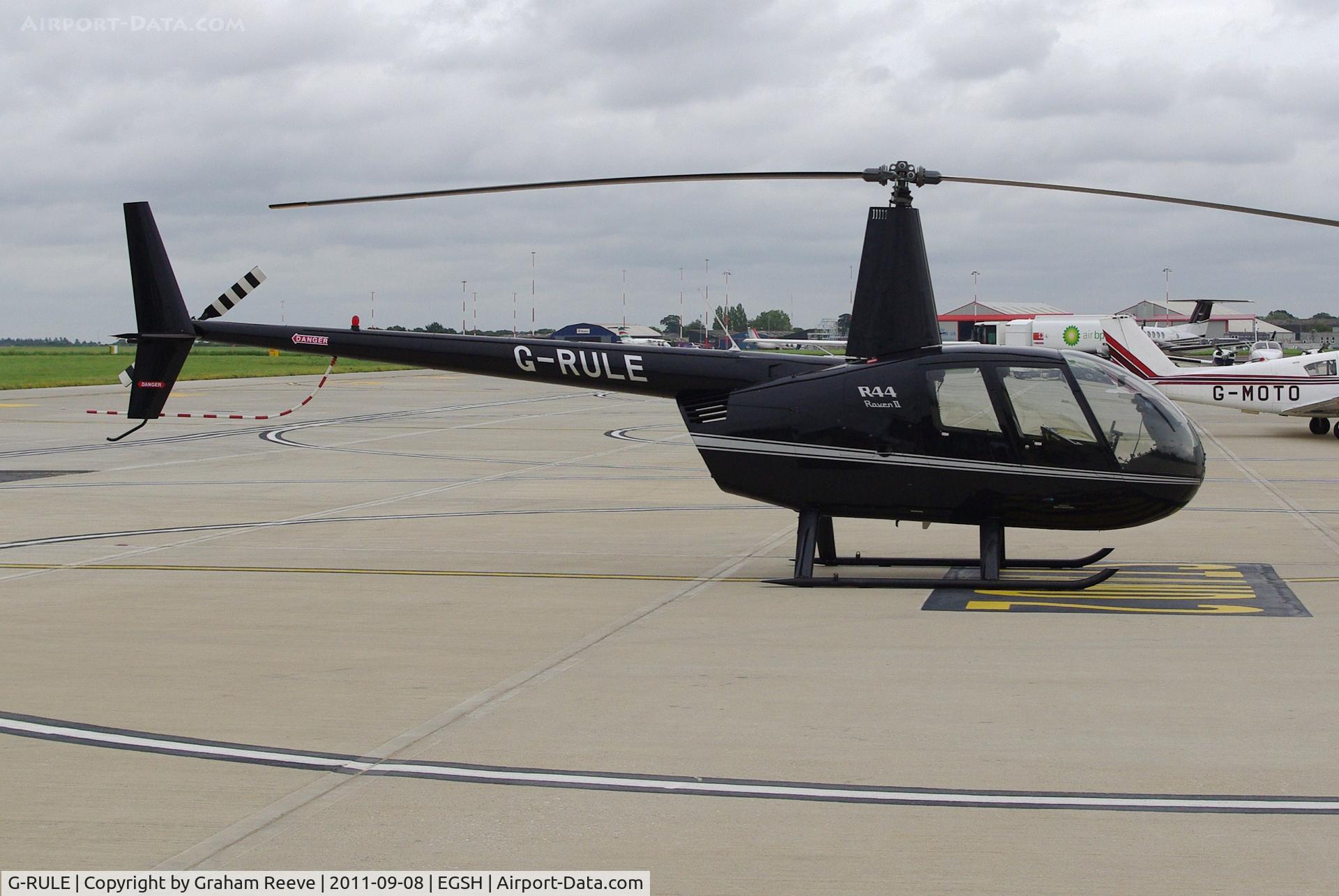 G-RULE, 2005 Robinson R44 Raven II C/N 11039, Parked at Norwich.