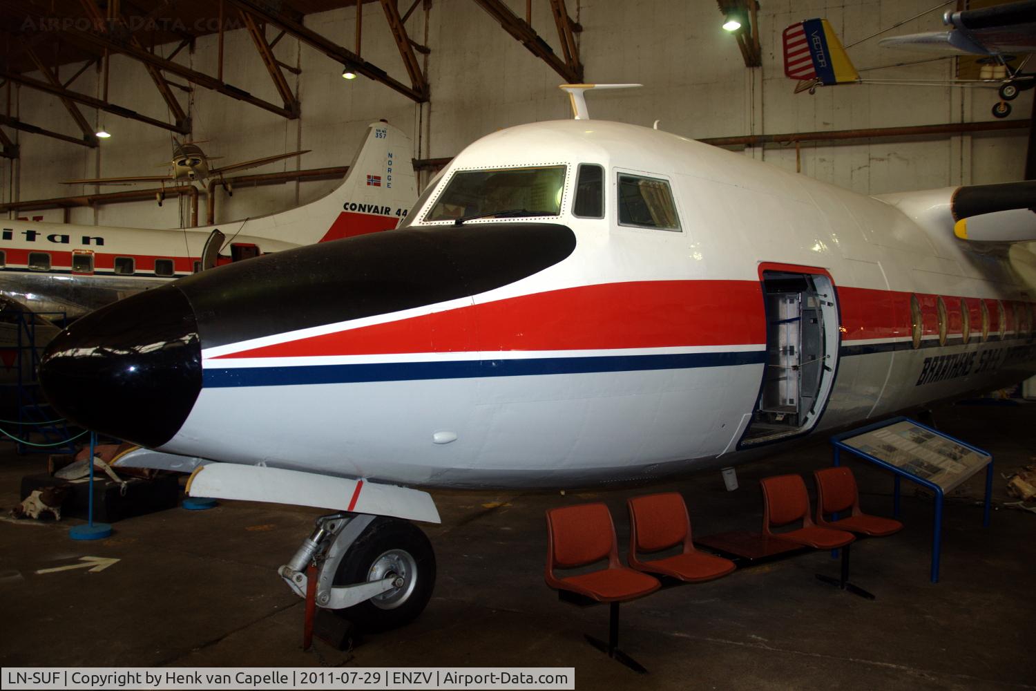 LN-SUF, 1966 Fokker F.27-100 Friendship C/N 10298, Fokker Friendship in Braathens S.A.F.E. colour scheme in the air museum at Stavanger Sola, Norway.