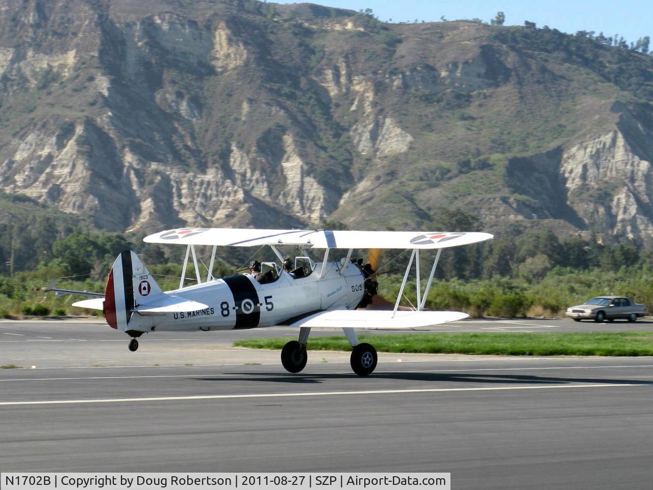 N1702B, 1942 Boeing PT-13D Kaydet (E75) C/N 75-5903, 1942 Boeing Stearman PT-13D 'Ruthies Doll', Continental W670 220 Hp upgrade, takeoff Rwy 22, see my article this site featuring N1702B and all Boeing Stearmans