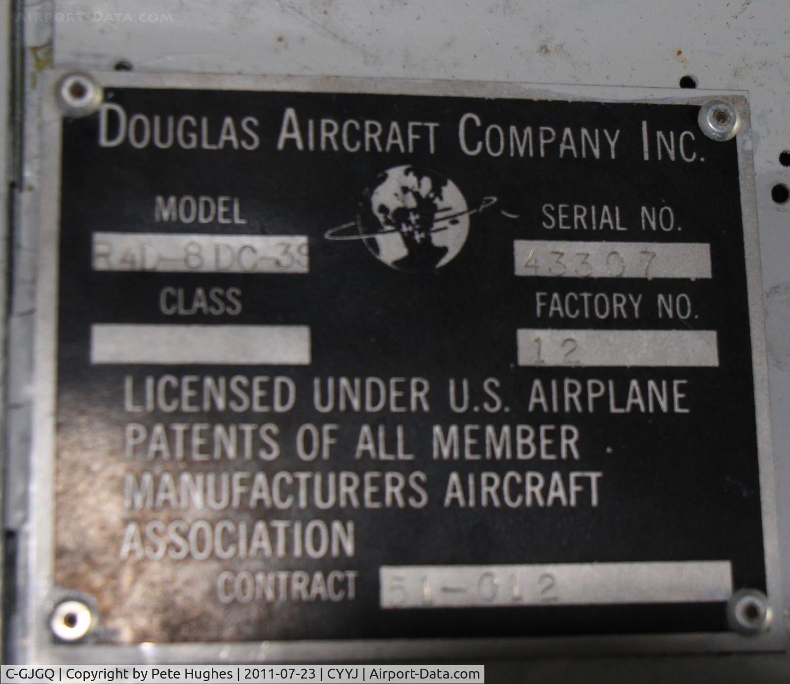 C-GJGQ, 1952 Douglas R4D-8 C/N 43307, C-GJGQ manufacturer's plate showing cn 43307