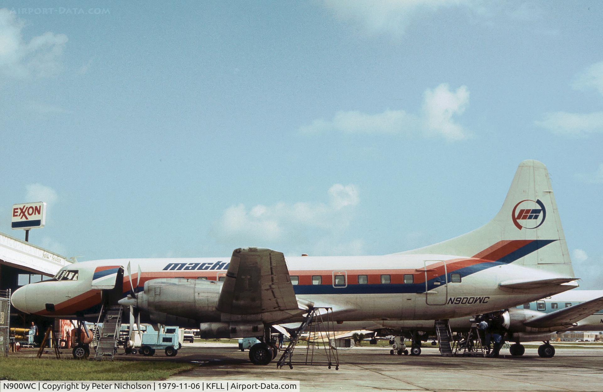 N900WC, 1953 Convair CV-580 C/N 110, Convair 340 of Mackey Charter Airlines as seen at Fort Lauderdale in November 1979.