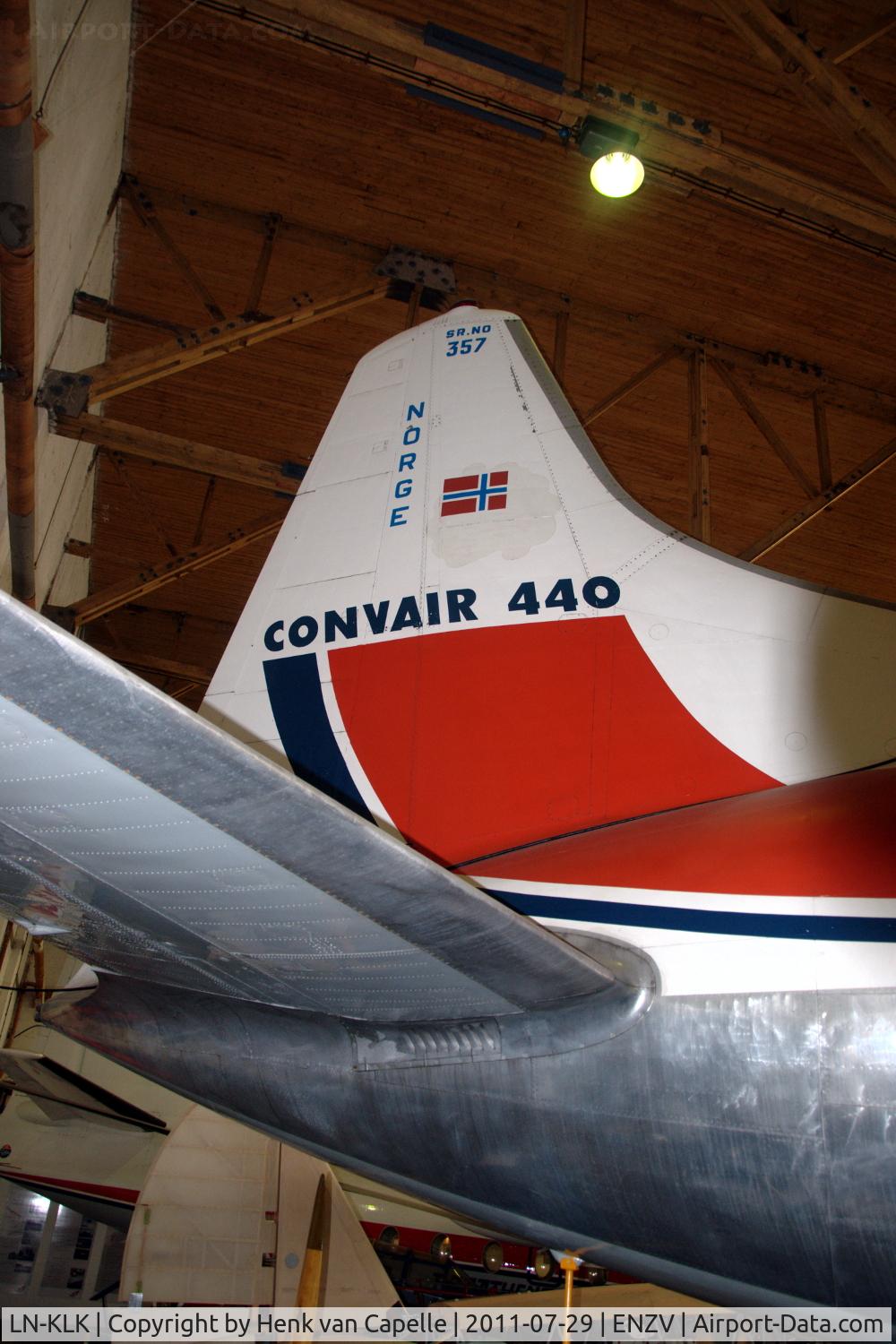 LN-KLK, 1956 Convair 440-75 Metropolitan C/N 357, The tail of the Convair 440 of the Norsk Metropolitan Klubb in the Aviation Museum at Sola airport near Stavanger in Norway.