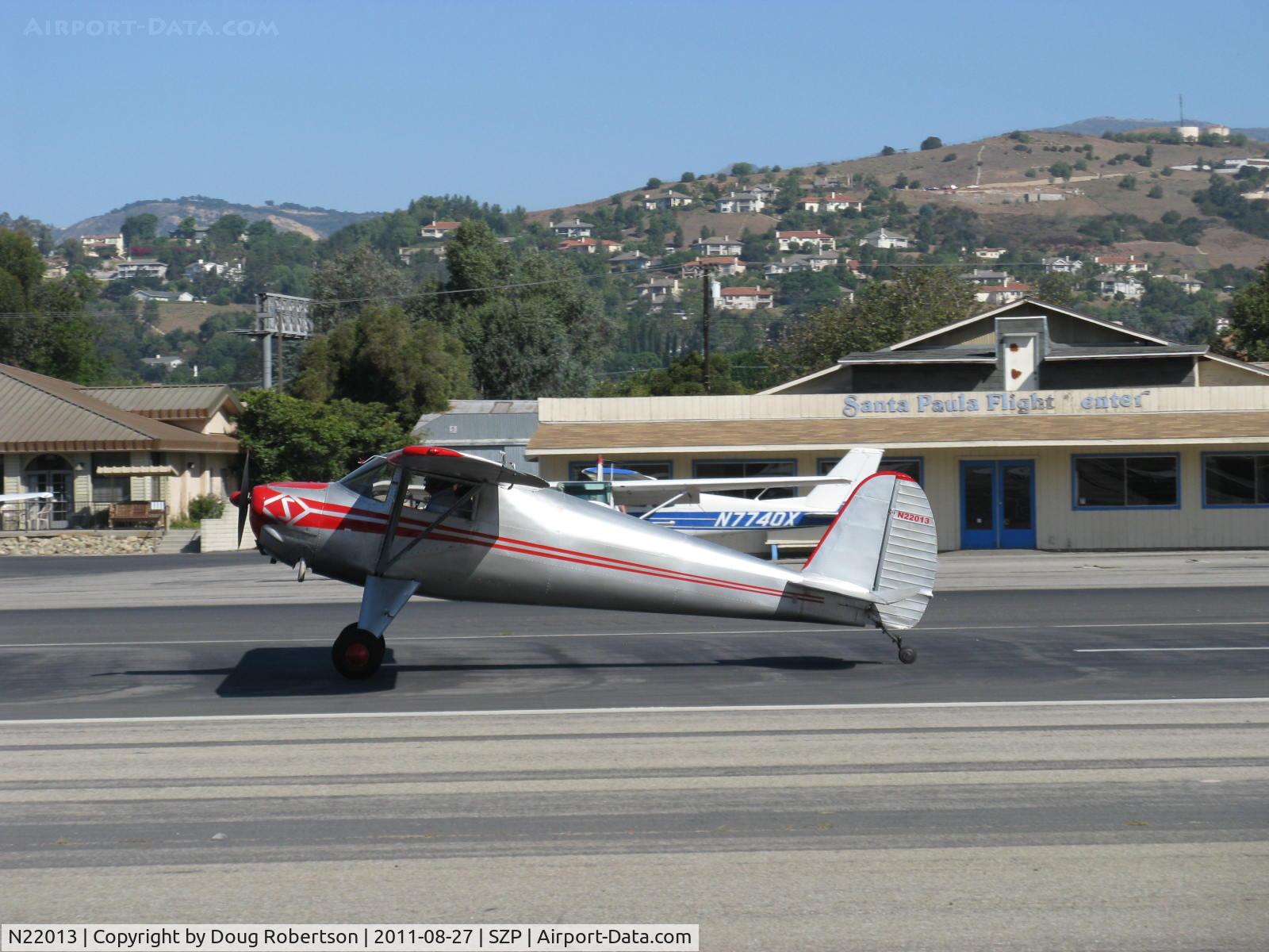 N22013, 1938 Luscombe 8 C/N 863, 1938 Luscombe Model 8, Continental A&C65 65 Hp upgrade from original Continental A-50-1 of 50 Hp. (Luscombe 8 not a Silvaire until the 8C model), landing roll Rwy 22