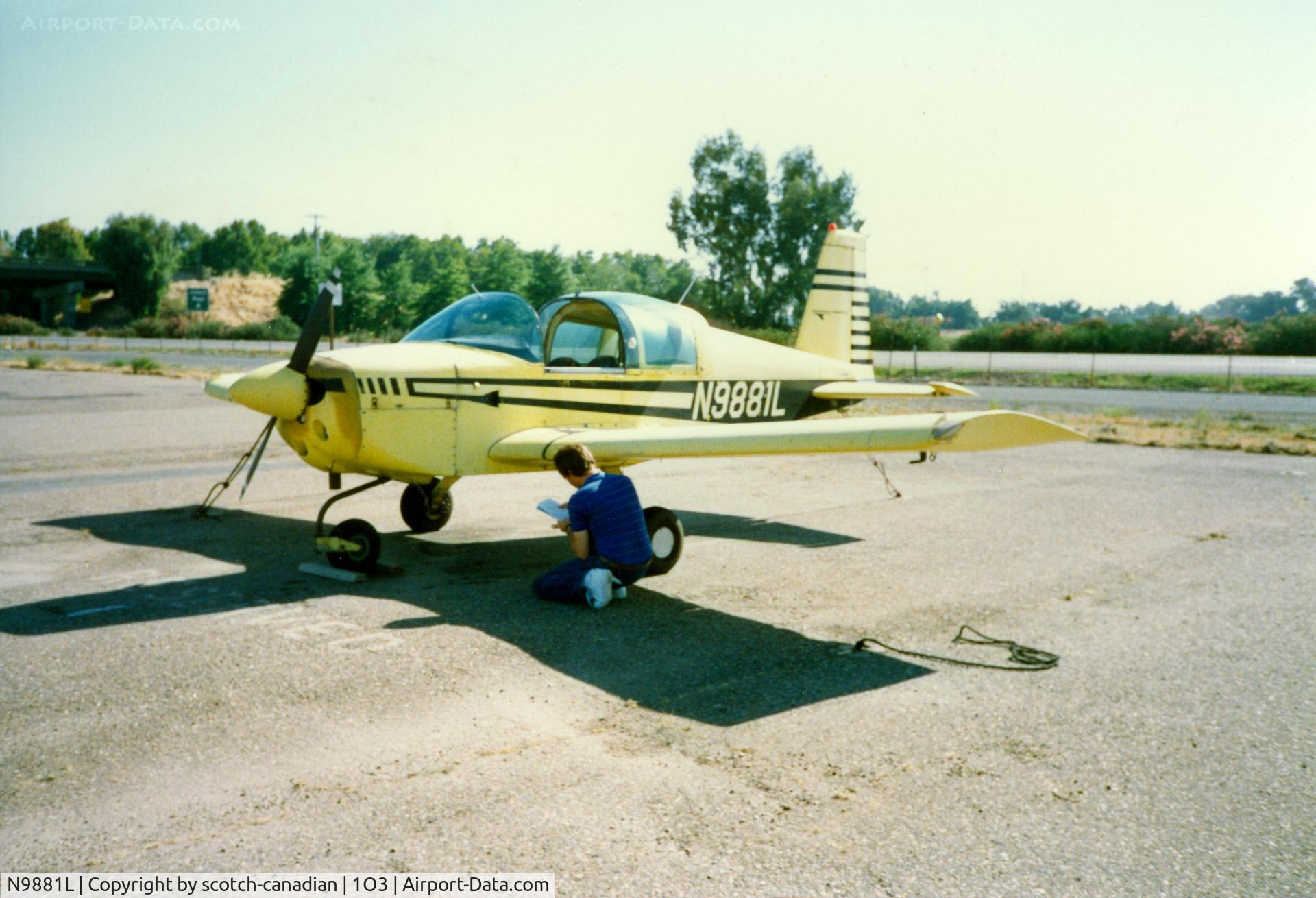 N9881L, 1974 Grumman American AA-1B Trainer C/N AA1B-0481, 1974 Grumman American Avn. Corp. AA-1B N9881L at Lodi Airport, Lodi, CA - July 1989