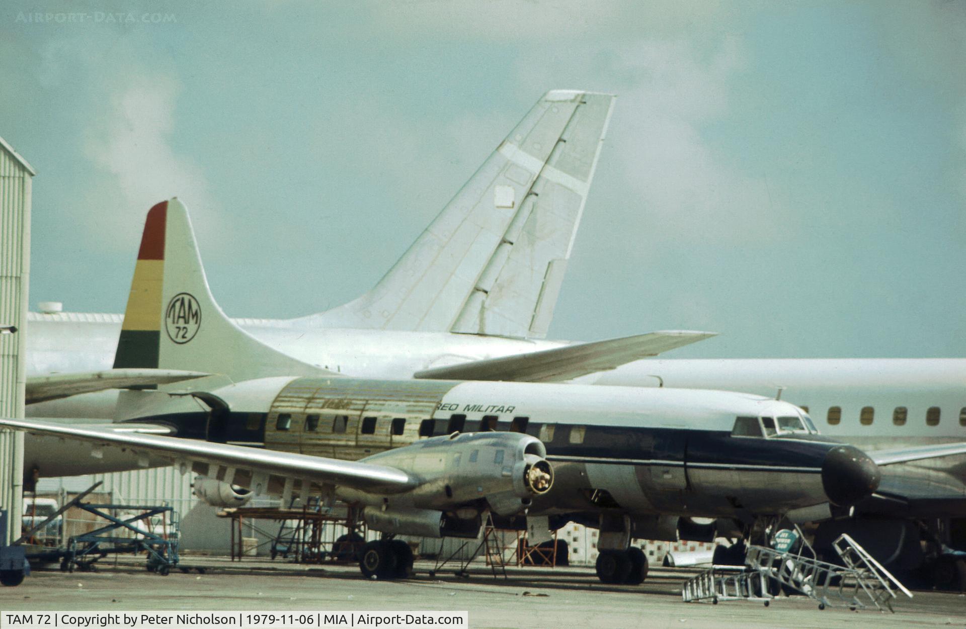 TAM 72, 1967 Convair 580 C/N 41, Bolivian Air Force Convair 580 as seen at Miami in November 1979.