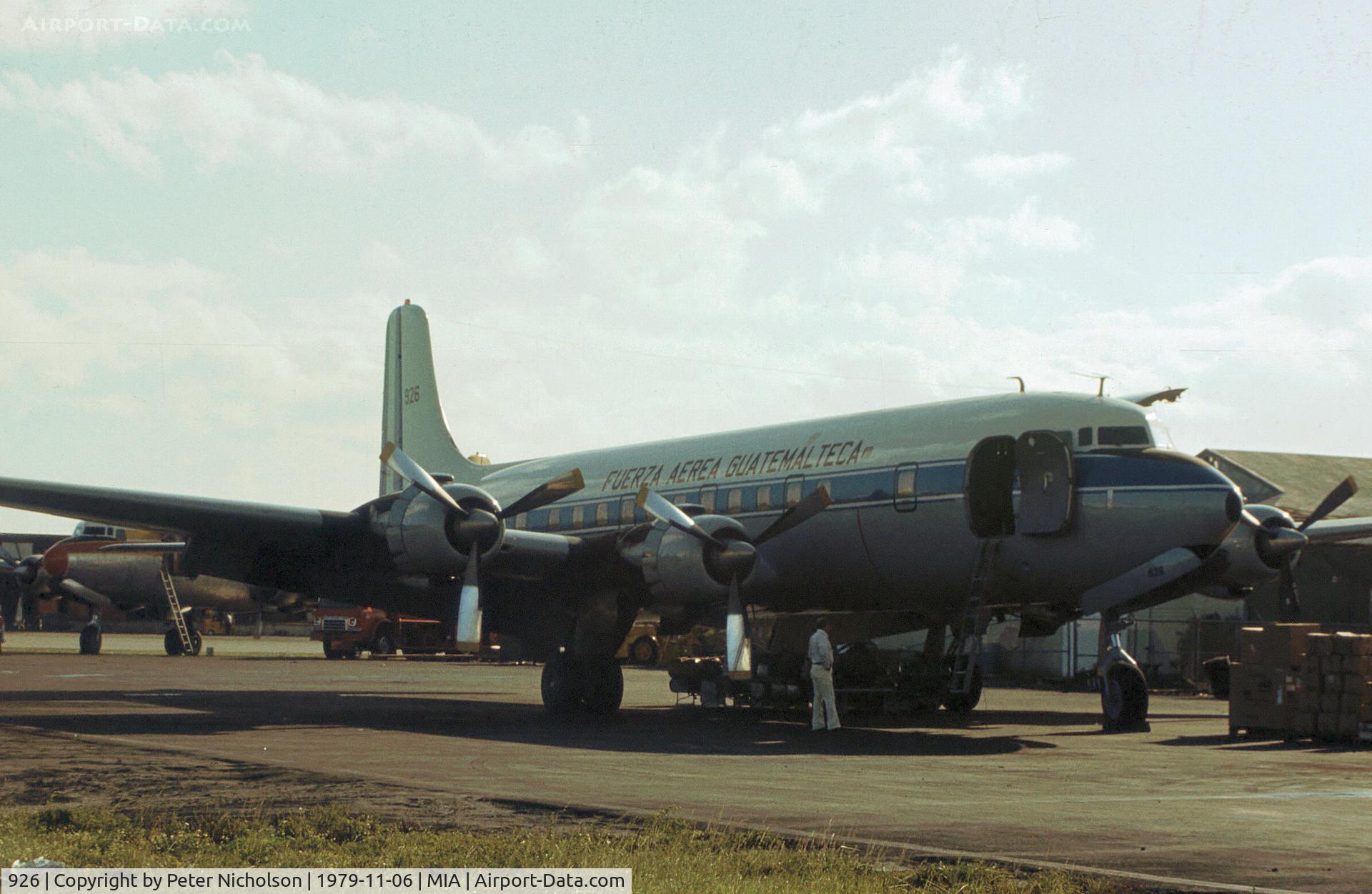 926, 1958 Douglas DC-6B C/N 45539, DC-6B of the Guatamalan Air Force as seen at Miami in November 1979.