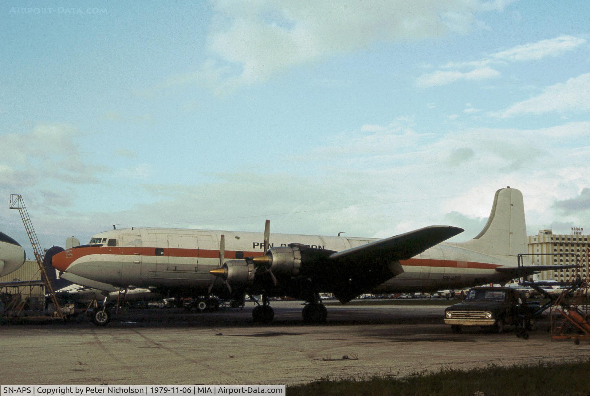 5N-APS, 1953 Douglas DC-6B(F) C/N 44105, DC-6B(F) of Pan African Airways as seen at Miami in November 1979.