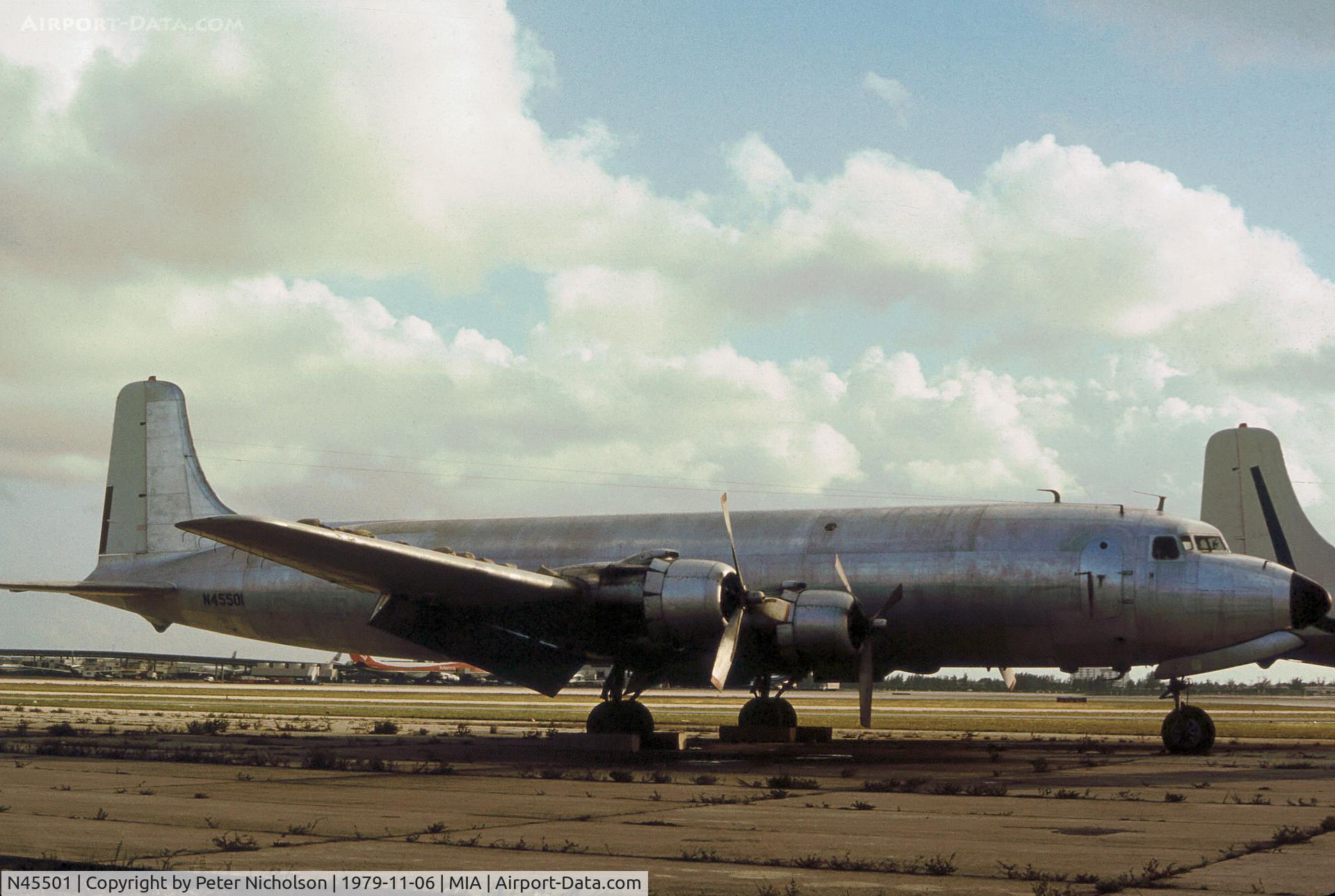N45501, 1958 Douglas DC-6A C/N 45551, DC-6A previously operated by Transair Cargo Servce as seen at Miami in November 1979.