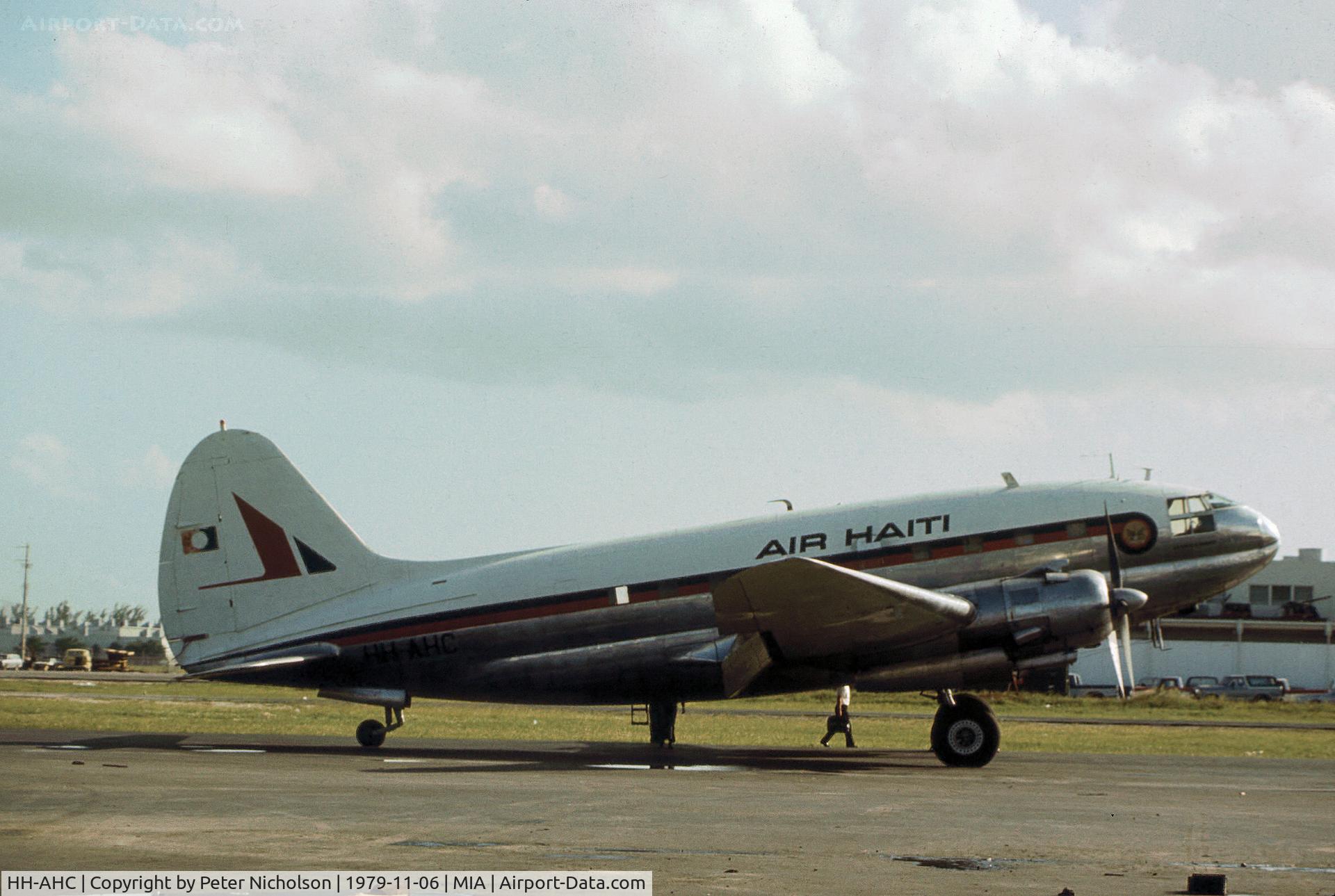 HH-AHC, 1944 Curtiss C-46A Commando C/N 30268, C-46A Commando of Air Haiti as seen at Miami in November 1979.