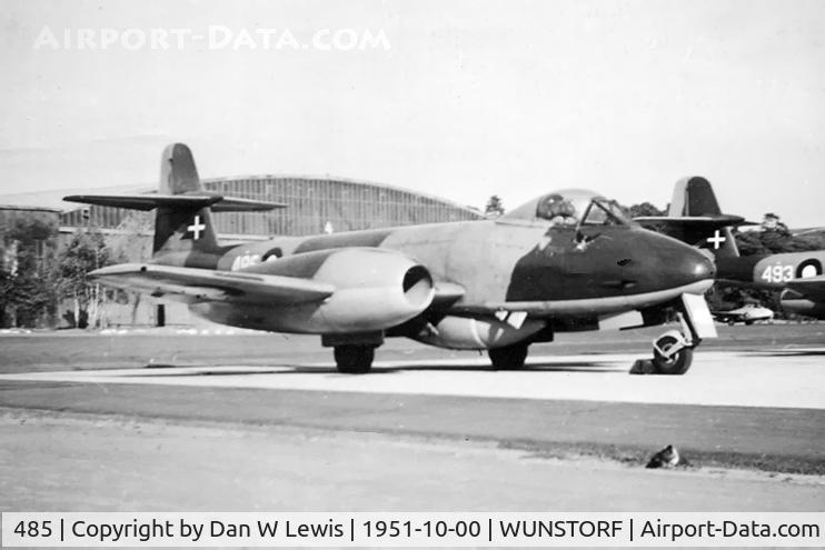 485, Gloster Meteor F.8 C/N Not found 485, RDAF Meteor F.8 at RAF Wunstorf for refuelling and pre-flight inspections in October 1951.