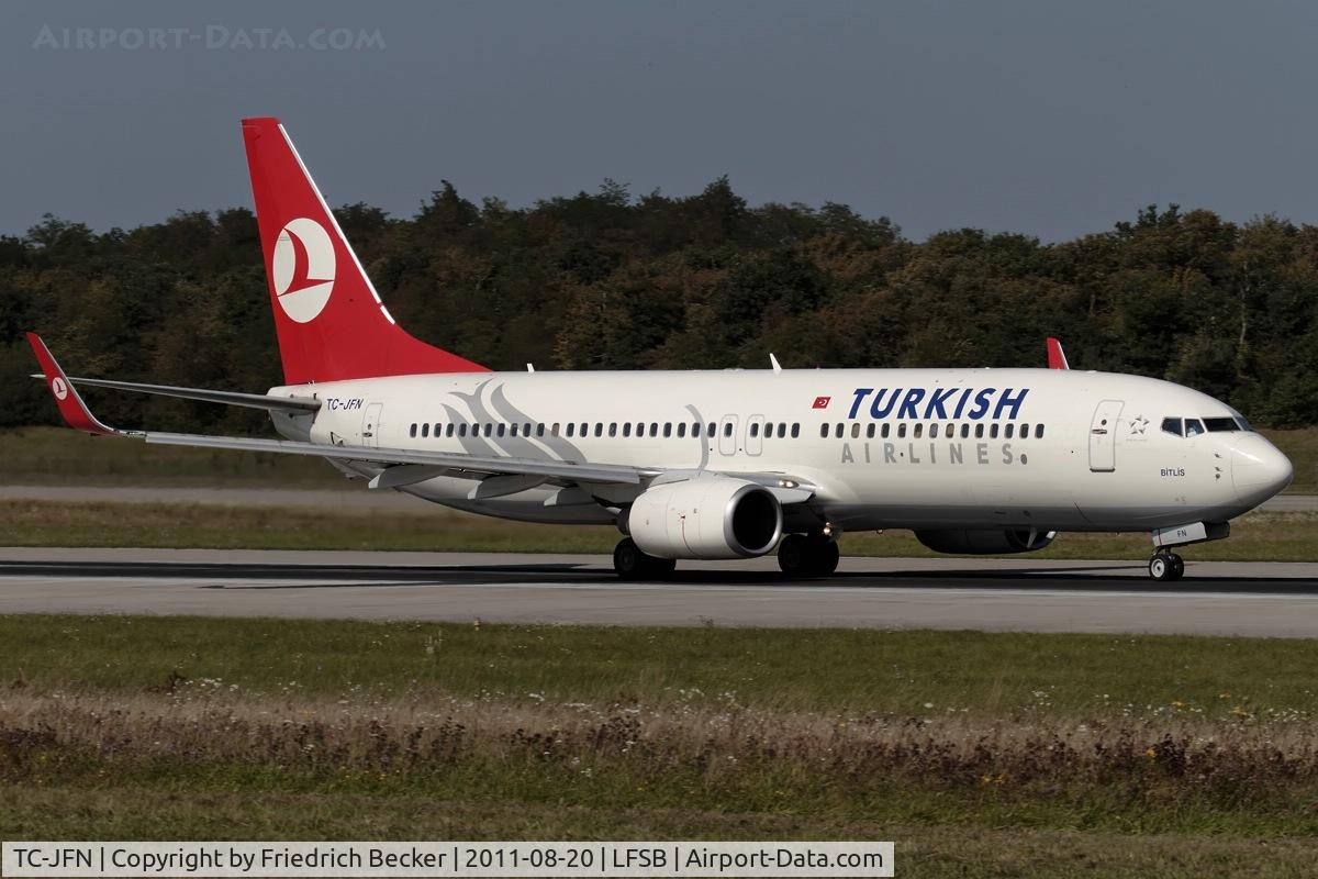 TC-JFN, 1999 Boeing 737-8F2 C/N 29776, departure from Basel
