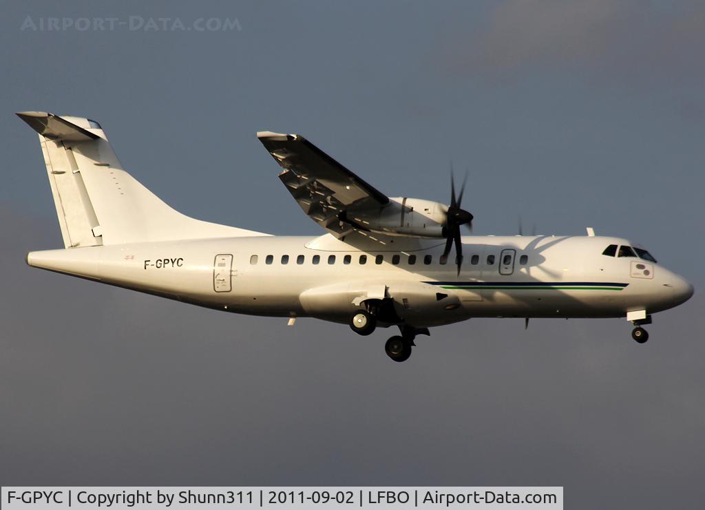 F-GPYC, 1996 ATR 42-500 C/N 484, Landing rwy 14R with new c/s... Still used by Airbus Shuttle...