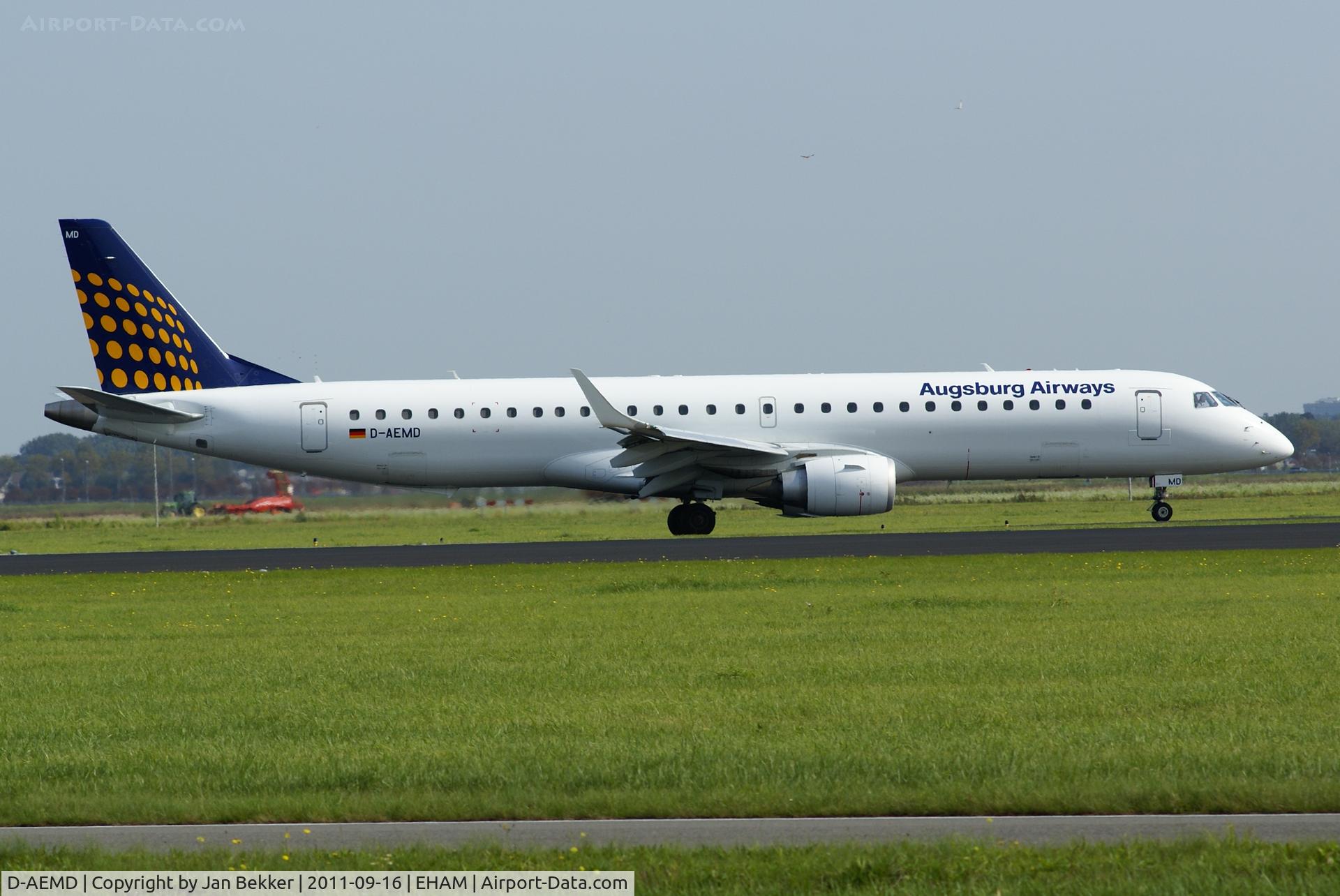 D-AEMD, 2009 Embraer 195LR (ERJ-190-200LR) C/N 19000305, Just after landing on the Polderbaan at Schiphol