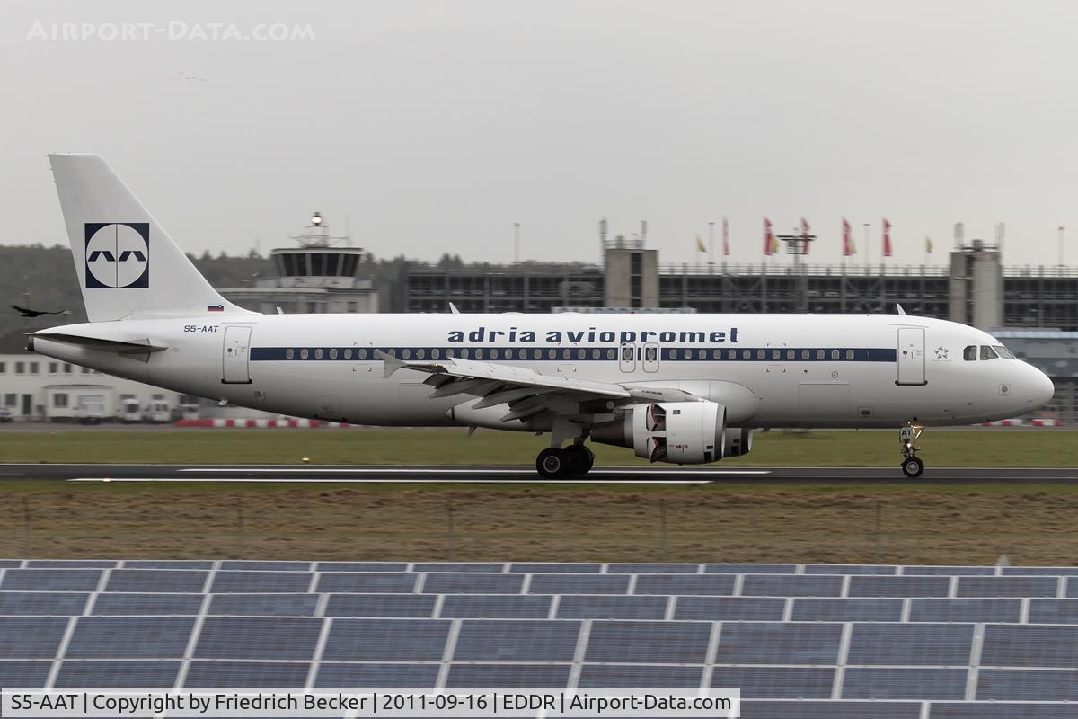 S5-AAT, 1991 Airbus A320-231 C/N 0191, special charter flight out of Lourdes / France brings pilgrims back home to the beautiful Saarland