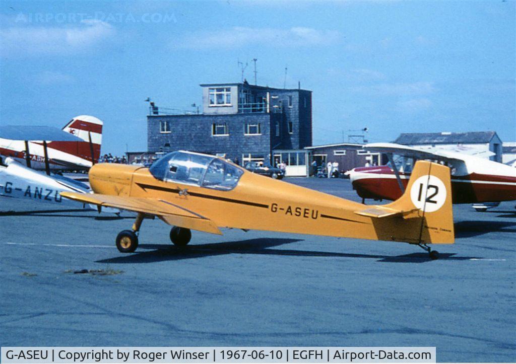 G-ASEU, 1963 Rollason Druine D-62A Condor C/N RAE/607, Condor carrying race # 12 attending the air show at Swansea Airport on 10th June 1967.