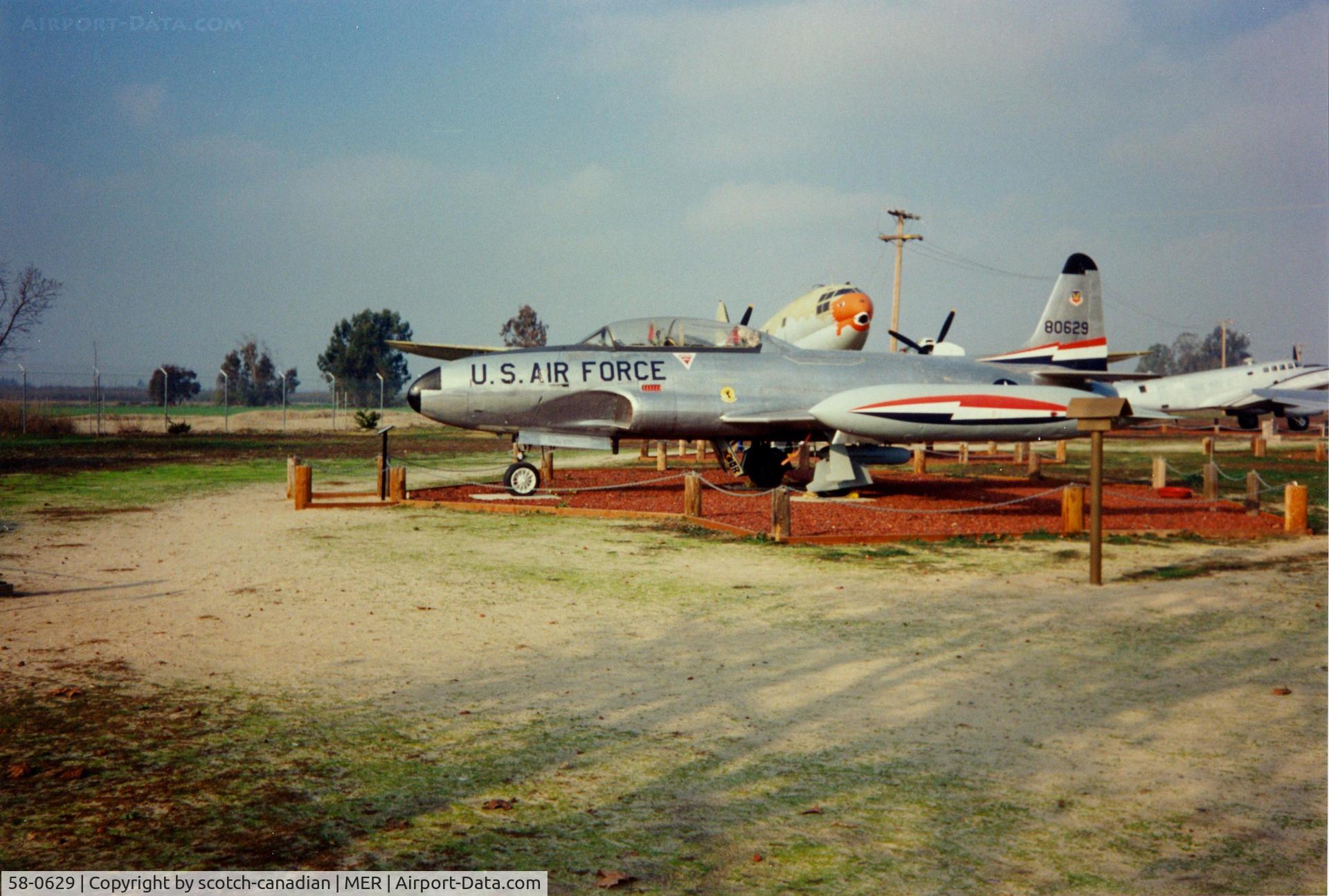 58-0629, 1958 Lockheed T-33A Shooting Star C/N 580-1598, Lockheed T-33 Shooting Star at Castle Air Museum, Atwater, CA - July 1989