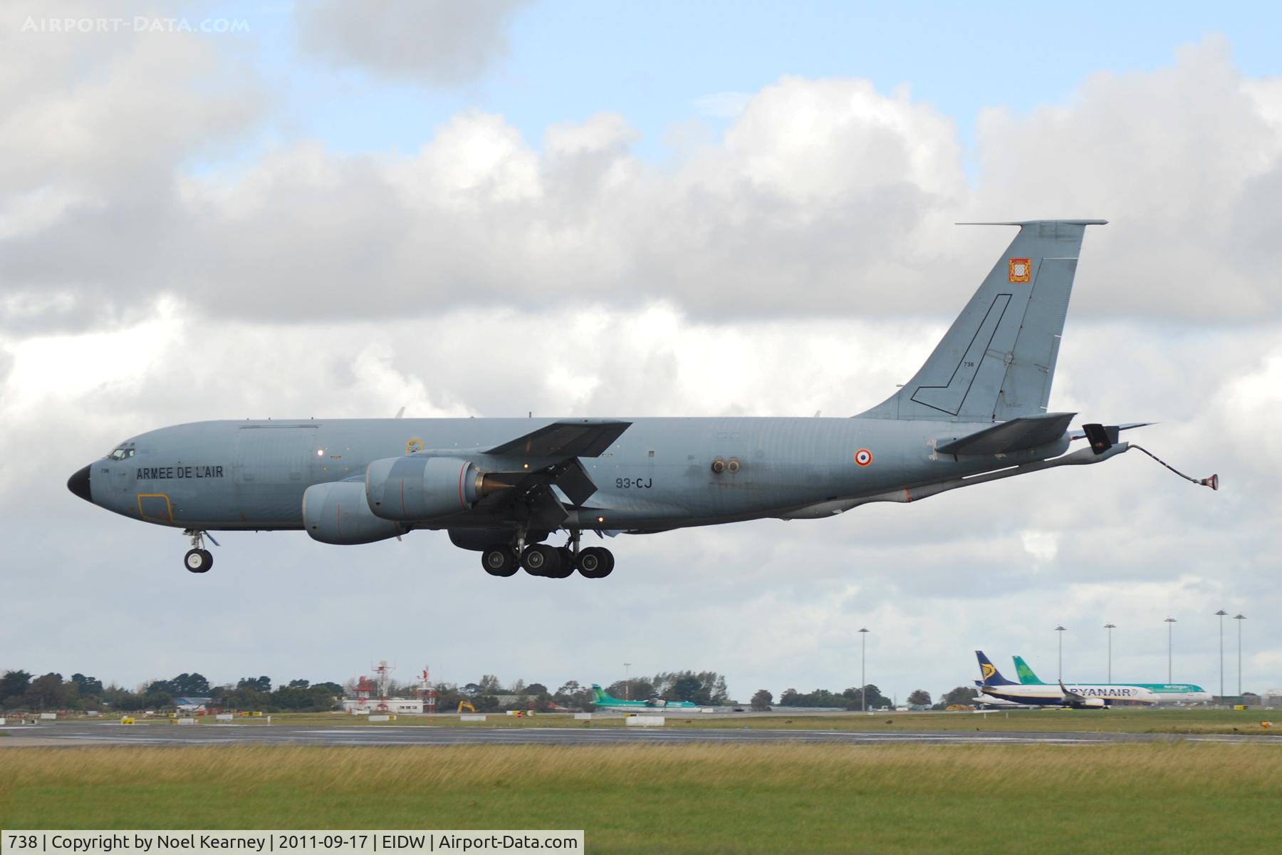 738, 1963 Boeing C-135FR Stratotanker C/N 18698, Armee De L'air C-135 seen on short finals for Rwy 28, with the tail boom trailing.