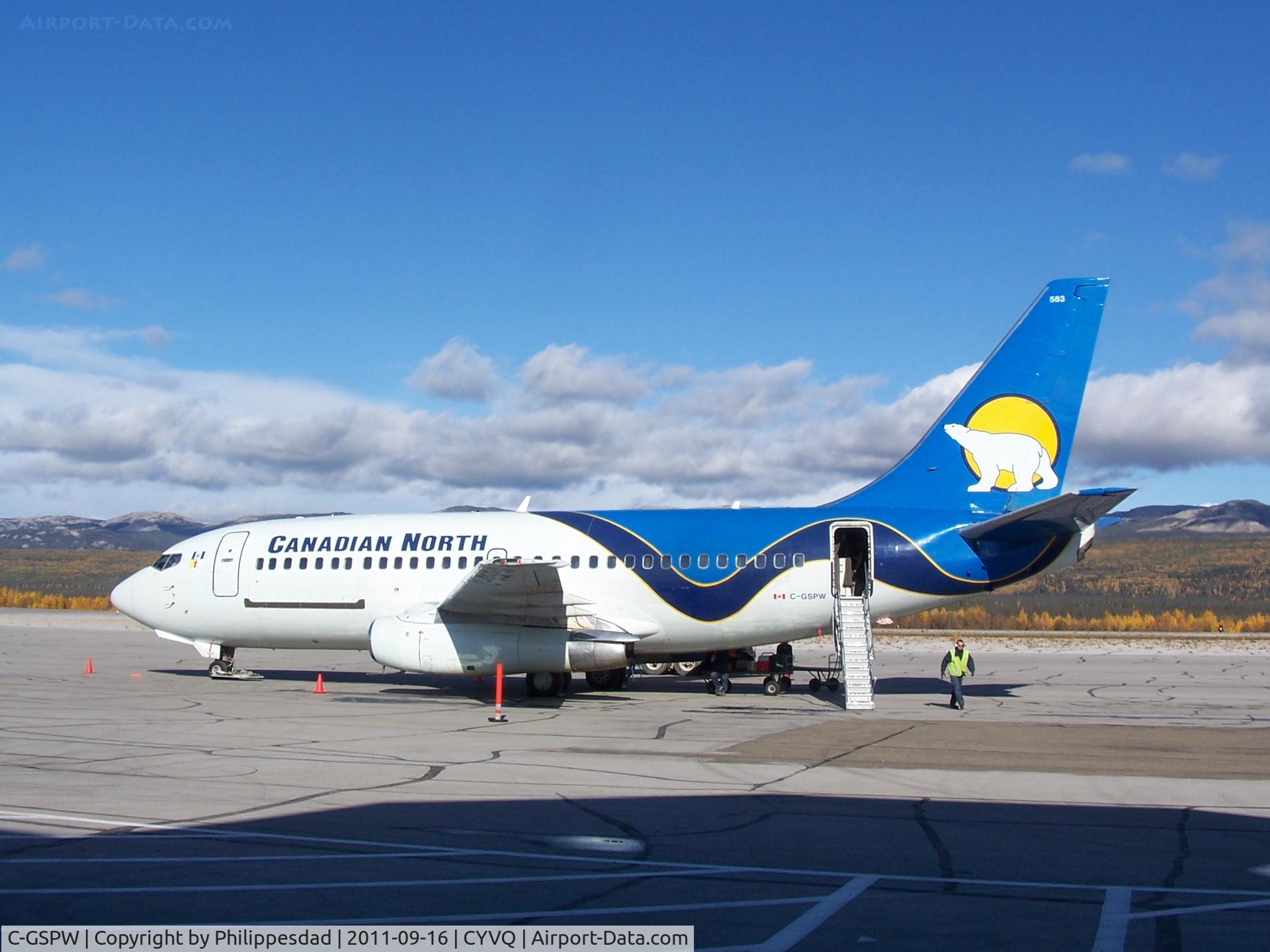 C-GSPW, 1981 Boeing 737-275C C/N 22618, Canadian North 737 C-GSPW during a short stop in Norman Wells, NT, 2011 September 16 enroute to Yellowknife, NT