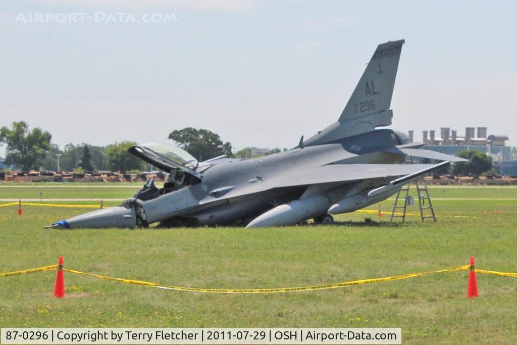 87-0296, General Dynamics F-16C C/N 5C-557, Suffered nose wheel collapse at 2011 Oshkosh
